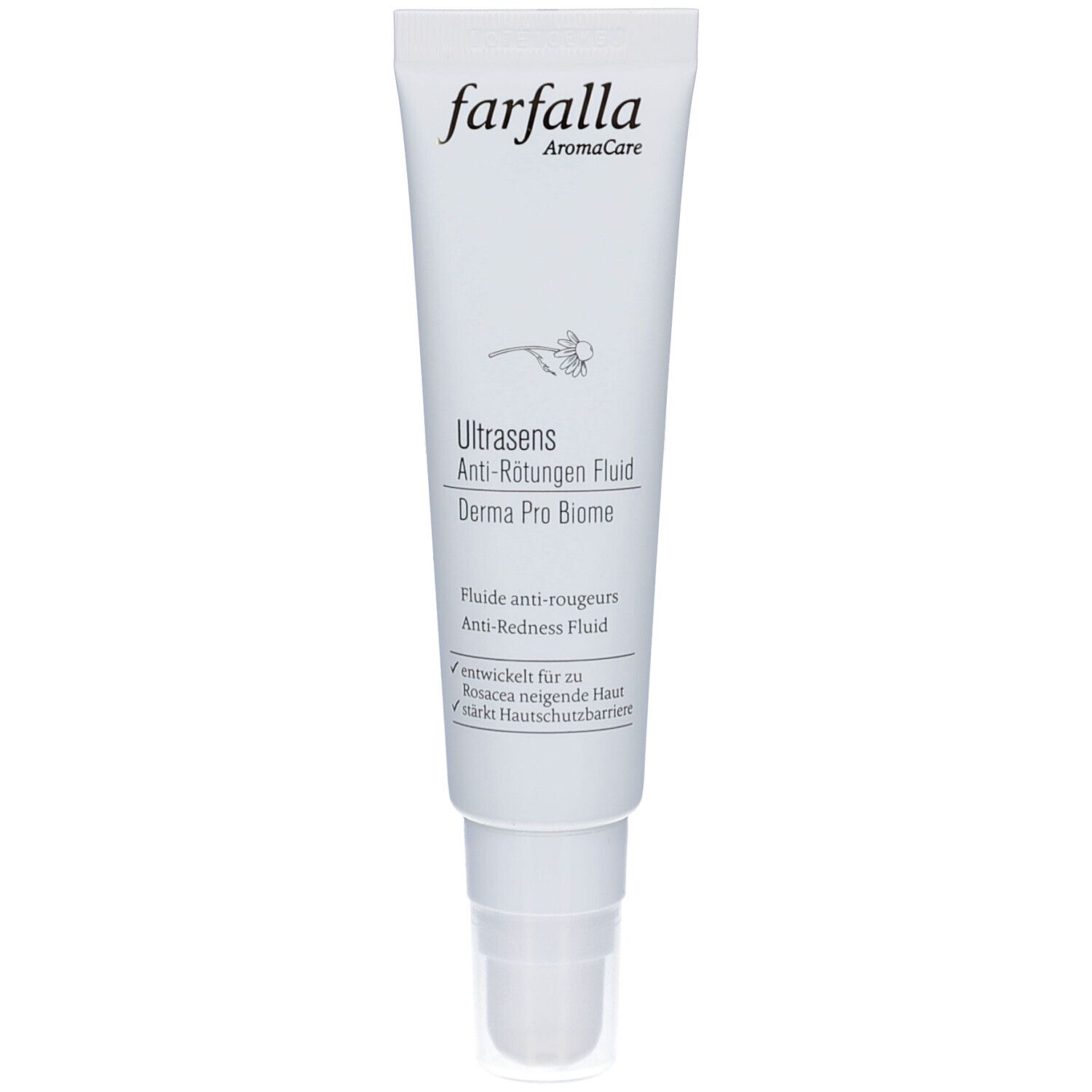 Tube blanche avec nom du produit et logo. Texte: Ultrasens Anti-Rougeurs Fluid, Derma Pro Biome. Marque: farfalla.