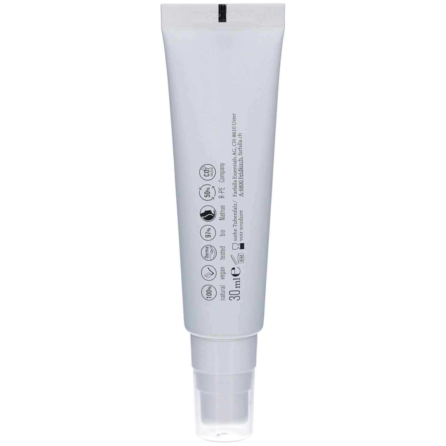Tube blanc, dos. Texte: 30 ml, logos pour vegan, sans tests sur les animaux, etc. Informations fabricant.