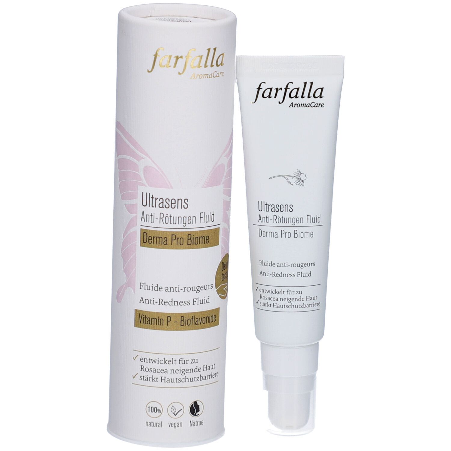 Produit et emballage. Tube blanc et emballage cylindrique. Texte: Ultrasens Anti-Rougeurs Fluid, Derma Pro Biome.