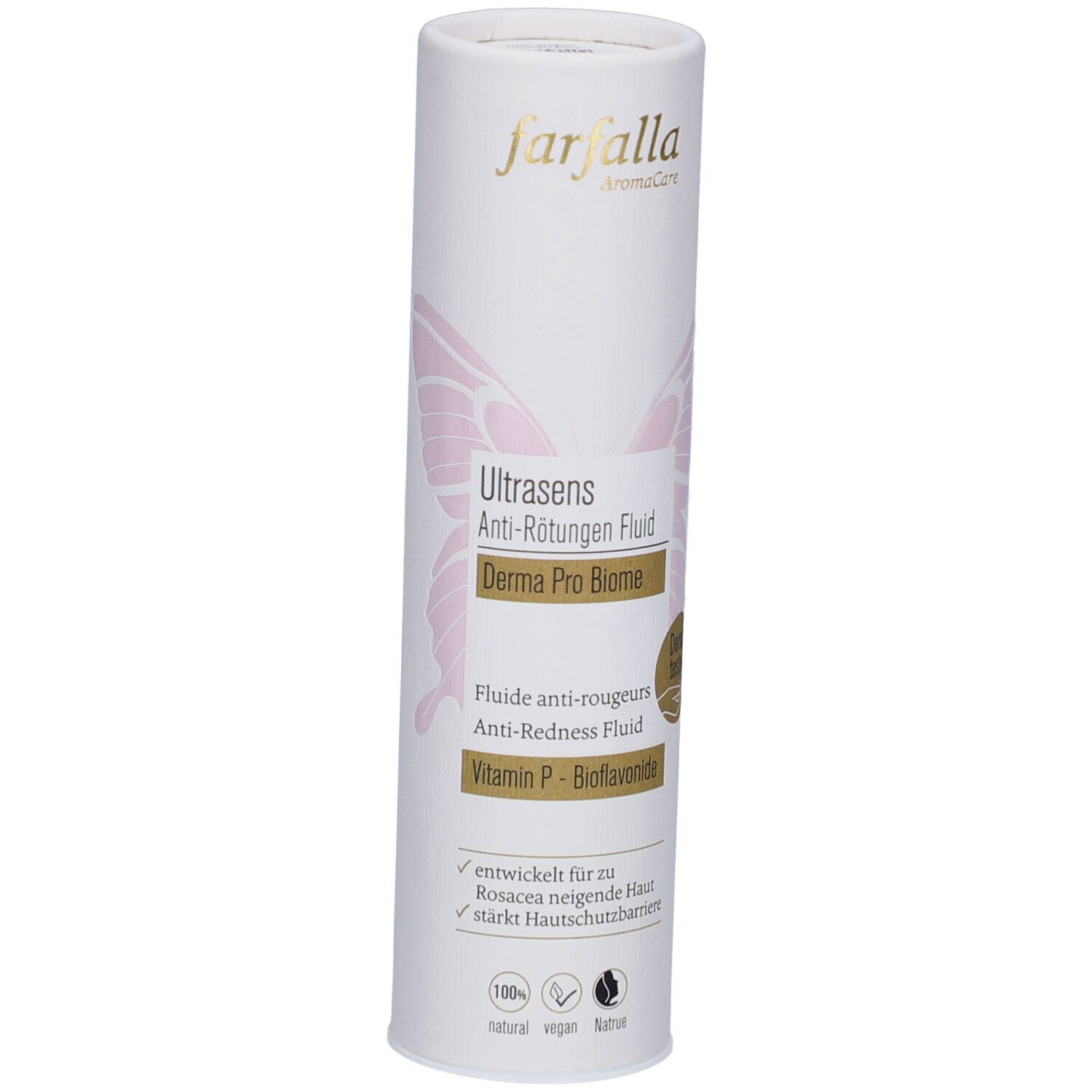 Emballage cylindrique. Texte: Ultrasens Anti-Rougeurs Fluid, Derma Pro Biome. Marque: farfalla. Motif papillon rose.