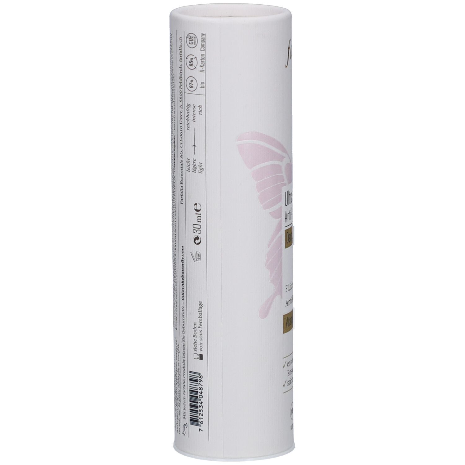 Emballage cylindrique, détail. Texte: 30 ml, logos pour vegan, sans tests sur les animaux, etc. Informations fabricant.