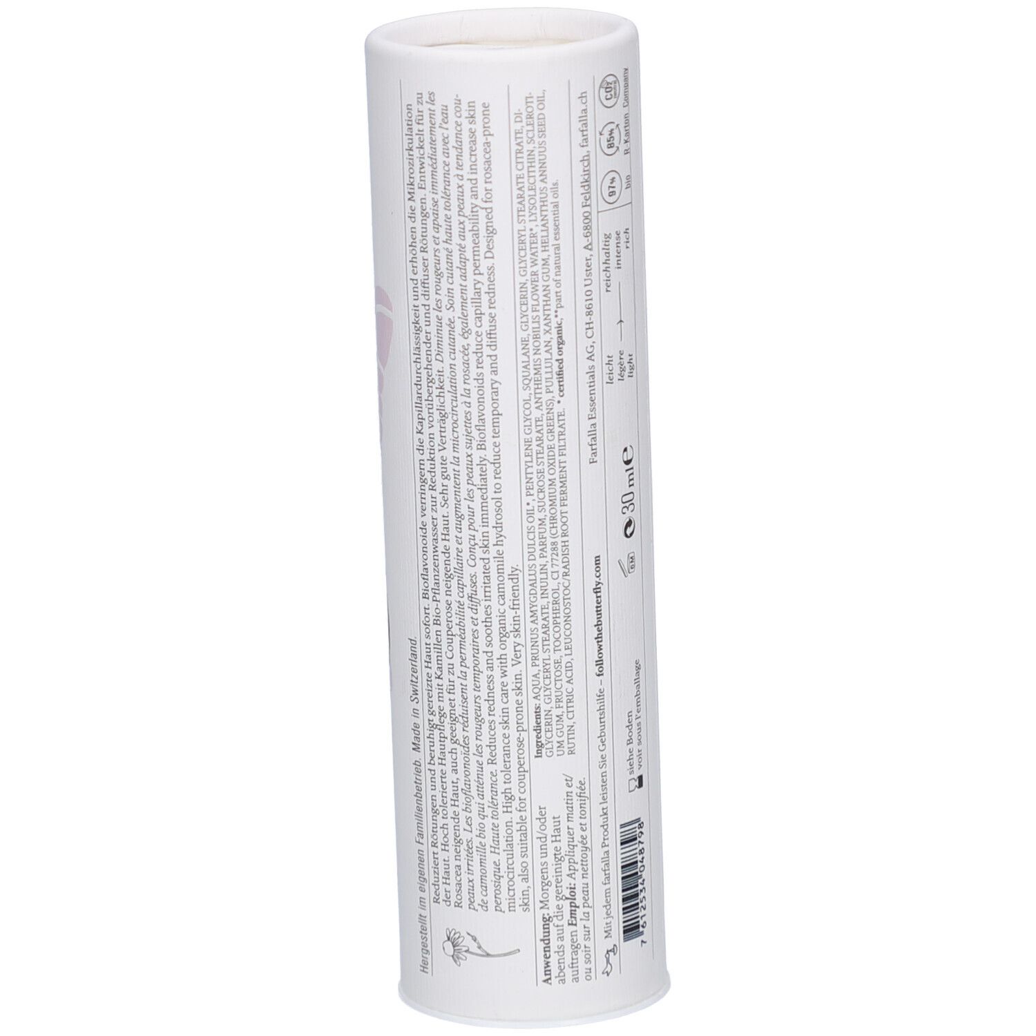 Emballage cylindrique, texte. Informations produit, ingrédients, adresse fabricant, numéro de lot, code-barres.