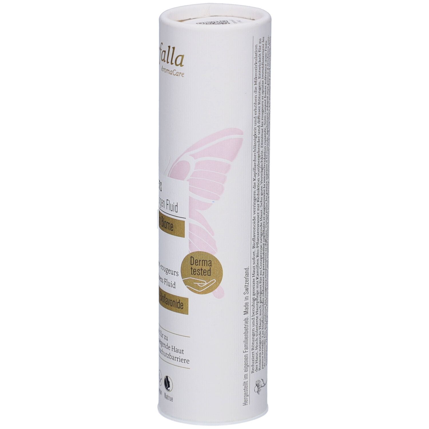 Emballage cylindrique, détail. Texte: Derma tested. Nom du produit, marque: farfalla. Motif papillon rose.