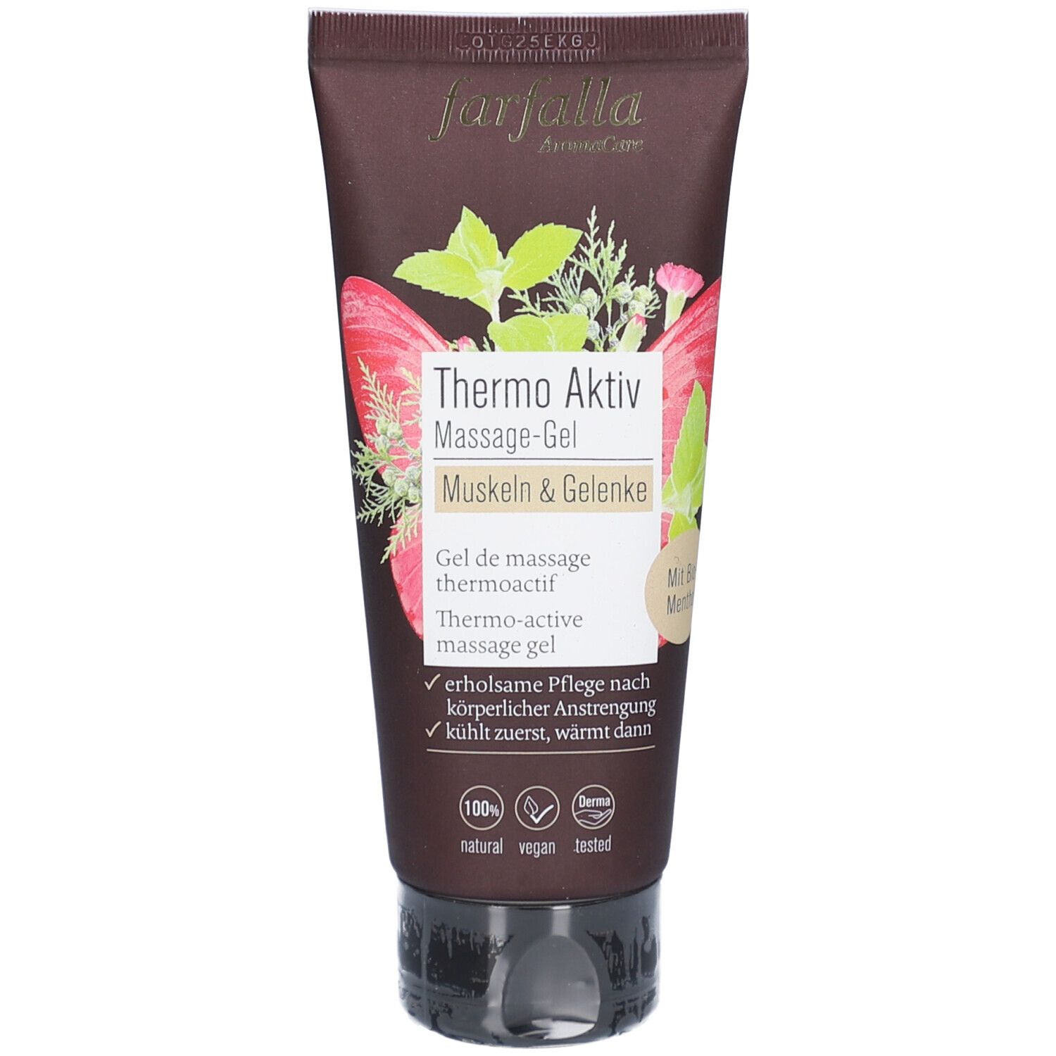 Tube marron avec texte "Thermo Aktiv Massage-Gel". Illustrations de plantes. Logo "Farfalla".