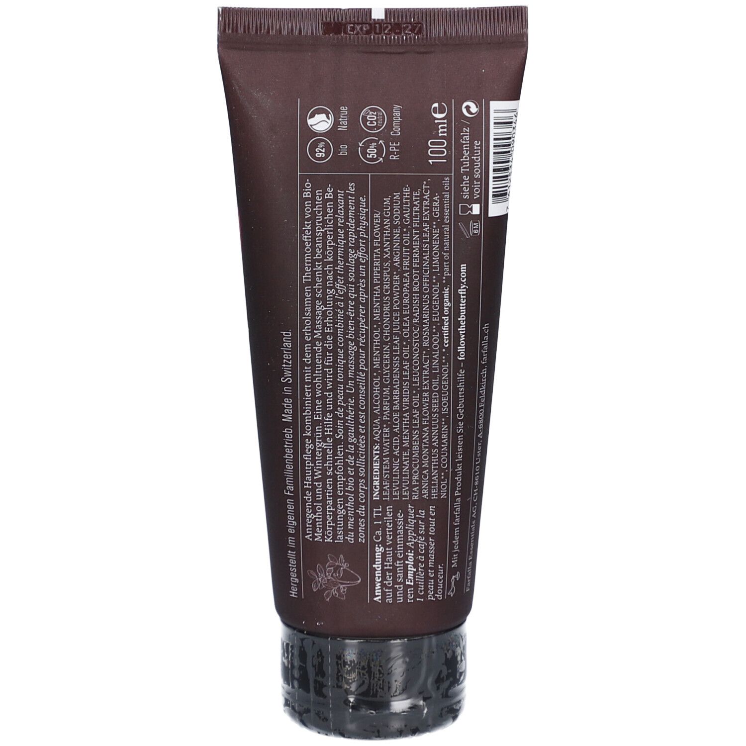 Dos du tube marron. Texte avec ingrédients et instructions d'utilisation. Logo "Farfalla".