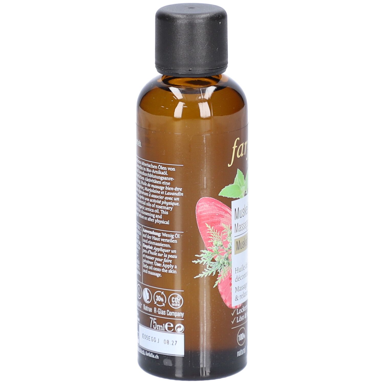 Flacon en verre brun avec bouchon noir. Dos avec texte et logos. Volume : 75 ml.