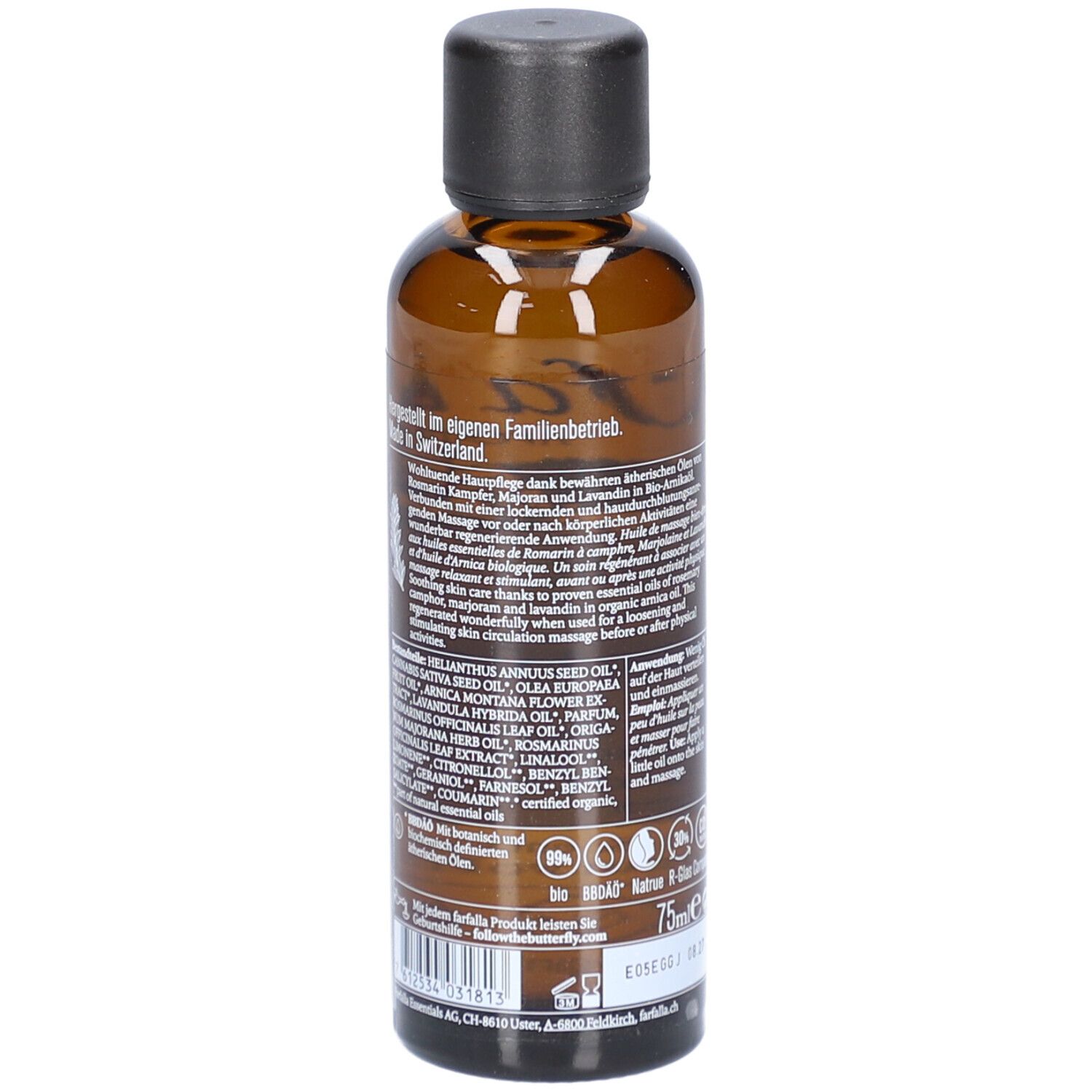 Flacon en verre brun avec bouchon noir. Dos avec texte et logos. Volume : 75 ml.