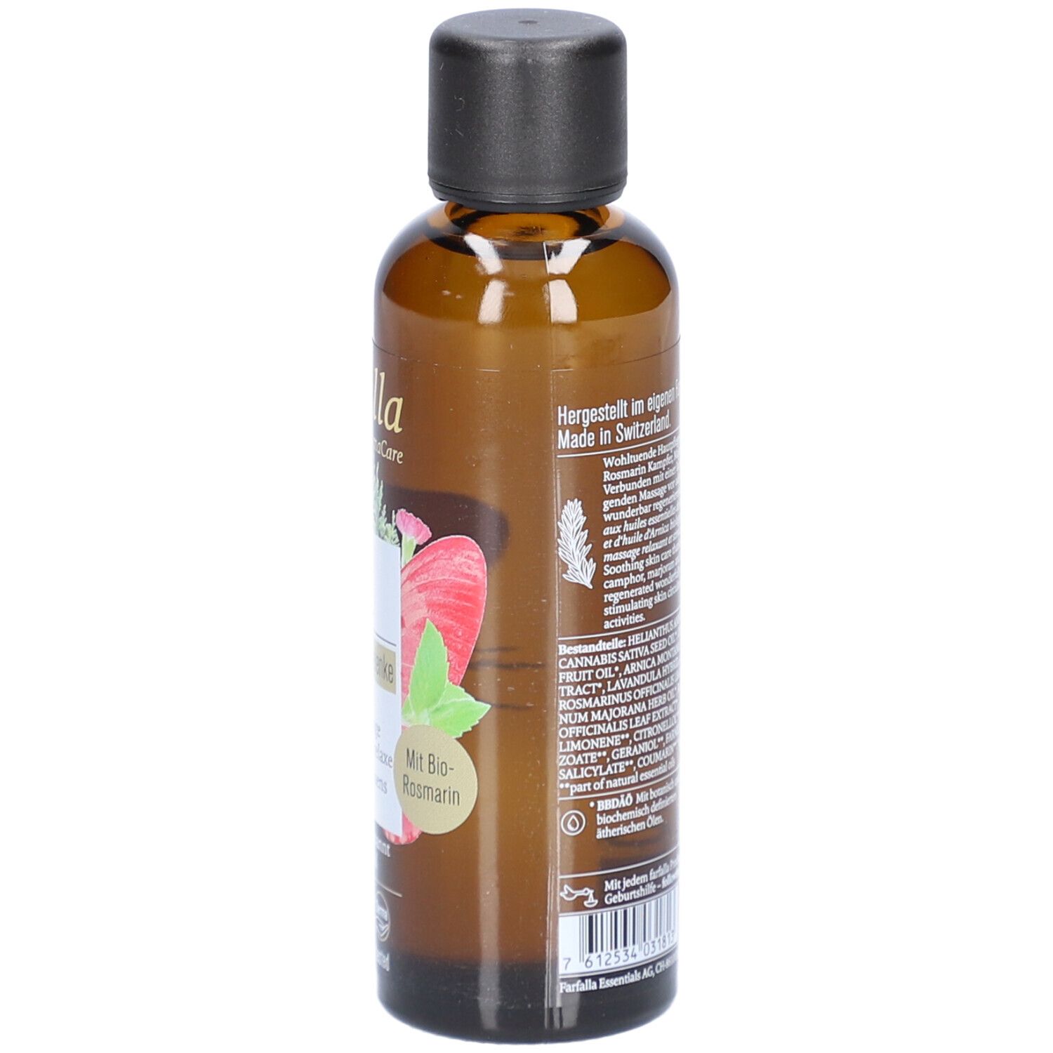 Flacon en verre brun avec bouchon noir. Dos avec texte et logos. Volume : 75 ml.