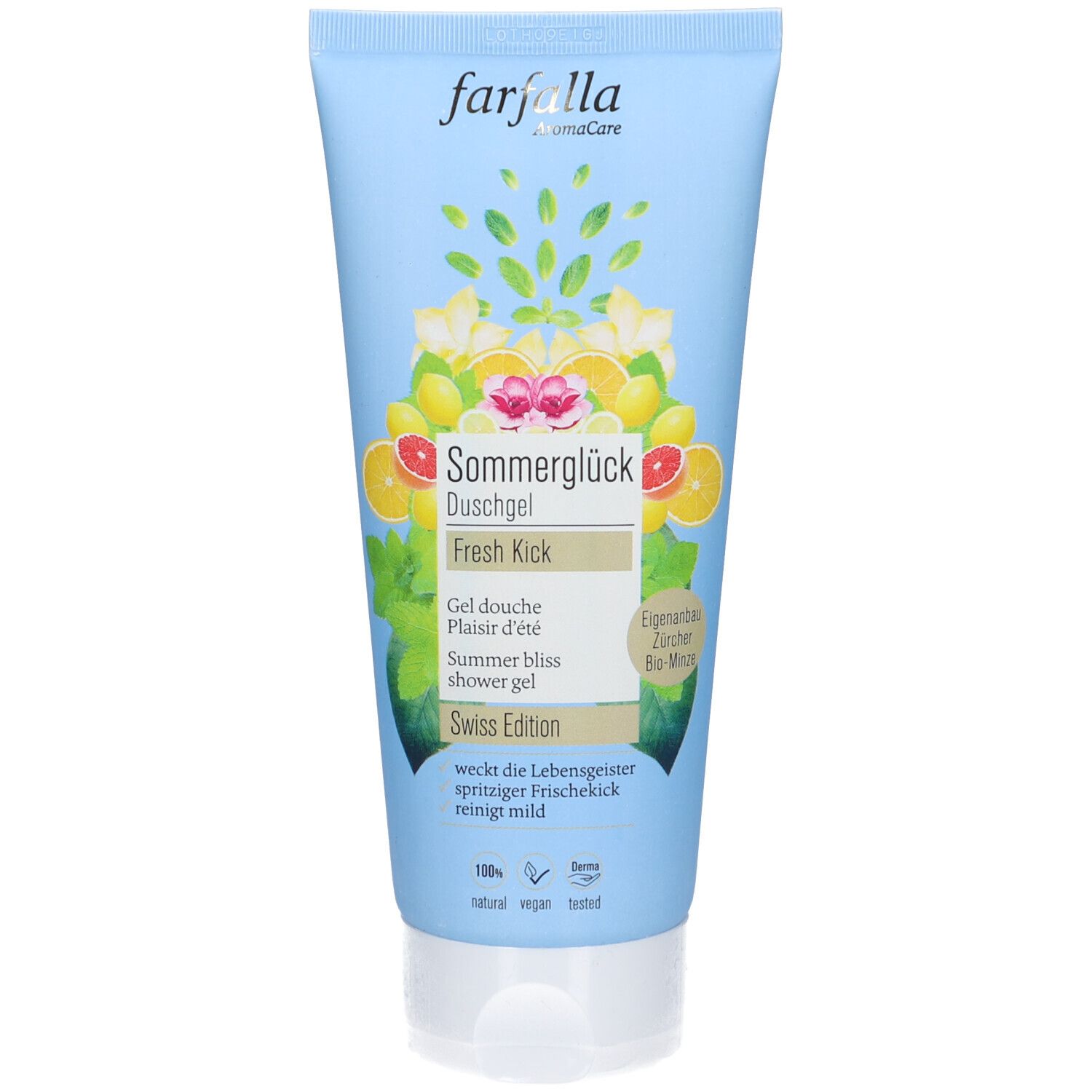 Tube bleu clair avec nom du produit et illustrations de fruits et feuilles. Inscription : Farfalla Sommerglück Duschgel.