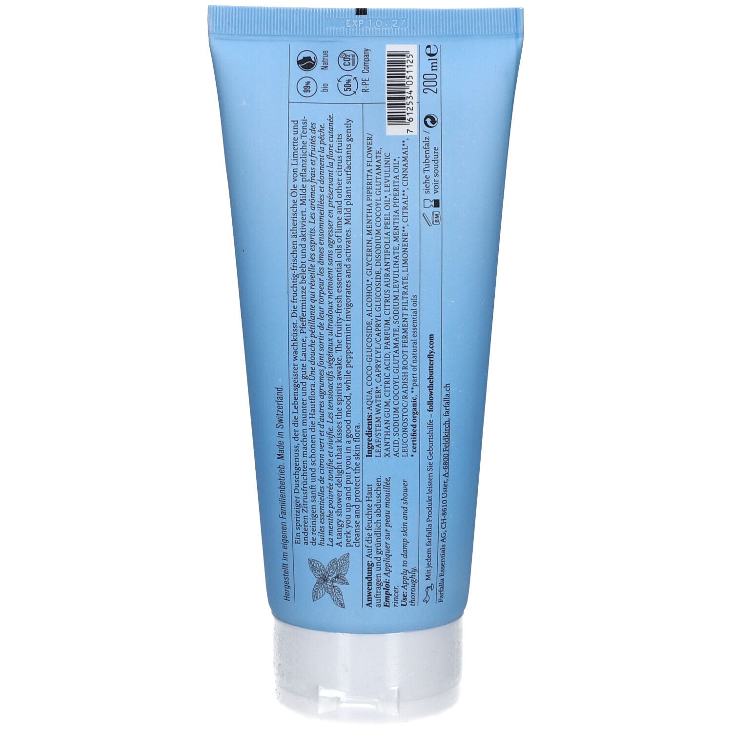 Dos d'un tube bleu clair. Texte avec ingrédients, instructions d'utilisation et informations sur le fabricant. En haut : 200 ml.