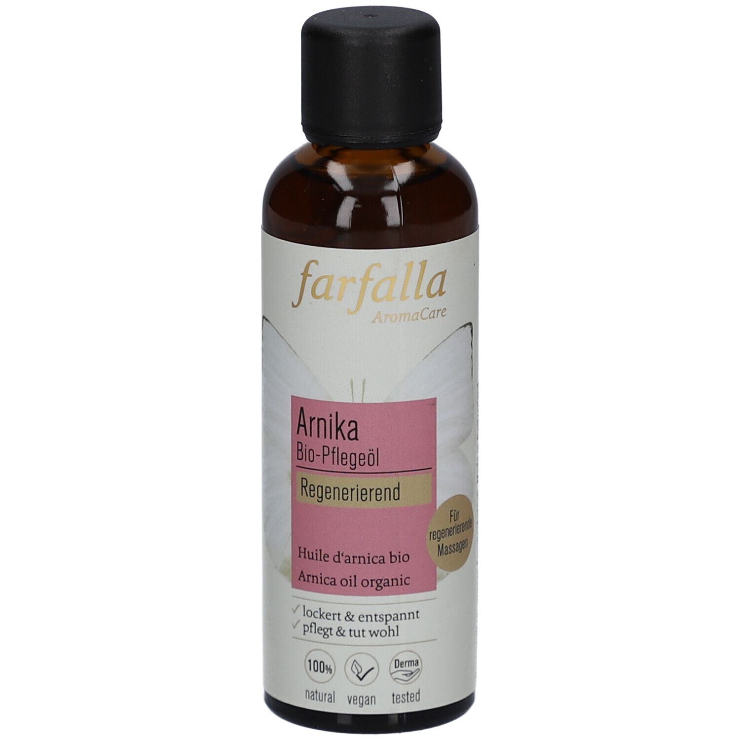 Flacon en verre brun avec bouchon noir. Étiquette avec nom du produit, marque Farfalla et logos. Contient de l'huile bio.