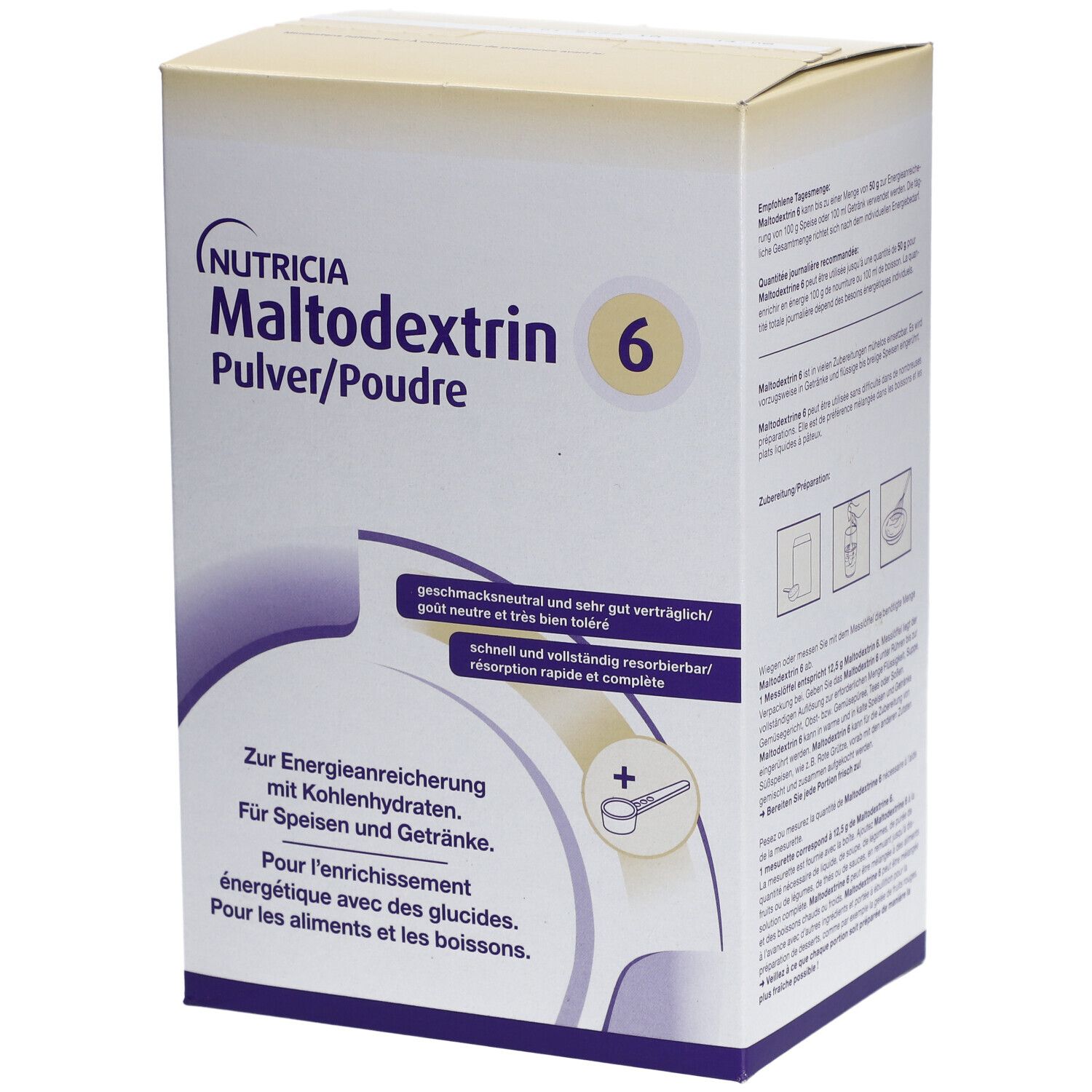 Boîte de NUTRICIA Maltodextrin 6 en poudre. Emballage blanc et jaune avec des accents violets. Texte: goût neutre, absorption rapide.