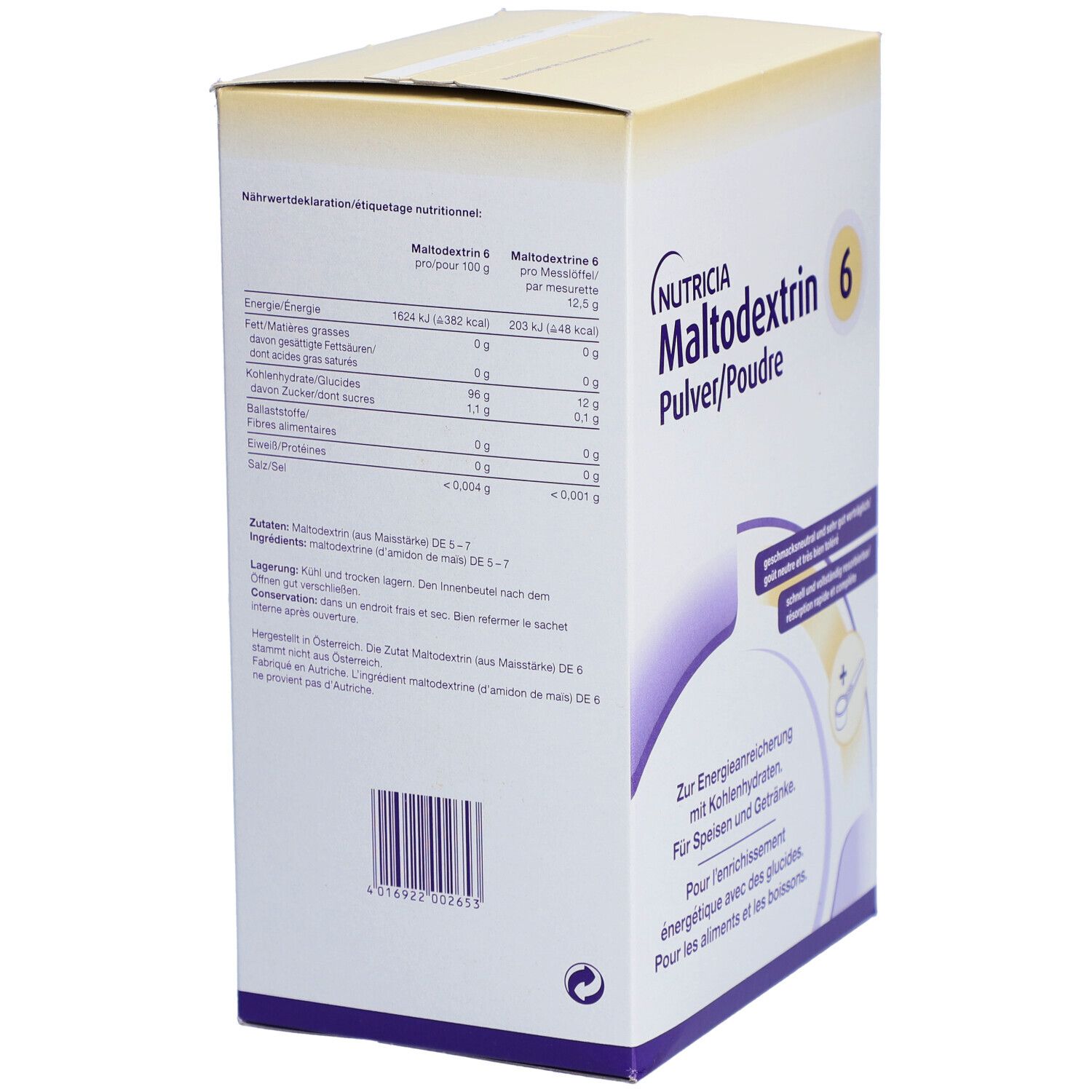 Dos de l'emballage de Maltodextrine 6. Contient des informations nutritionnelles et une liste d'ingrédients. Emballage blanc et jaune.