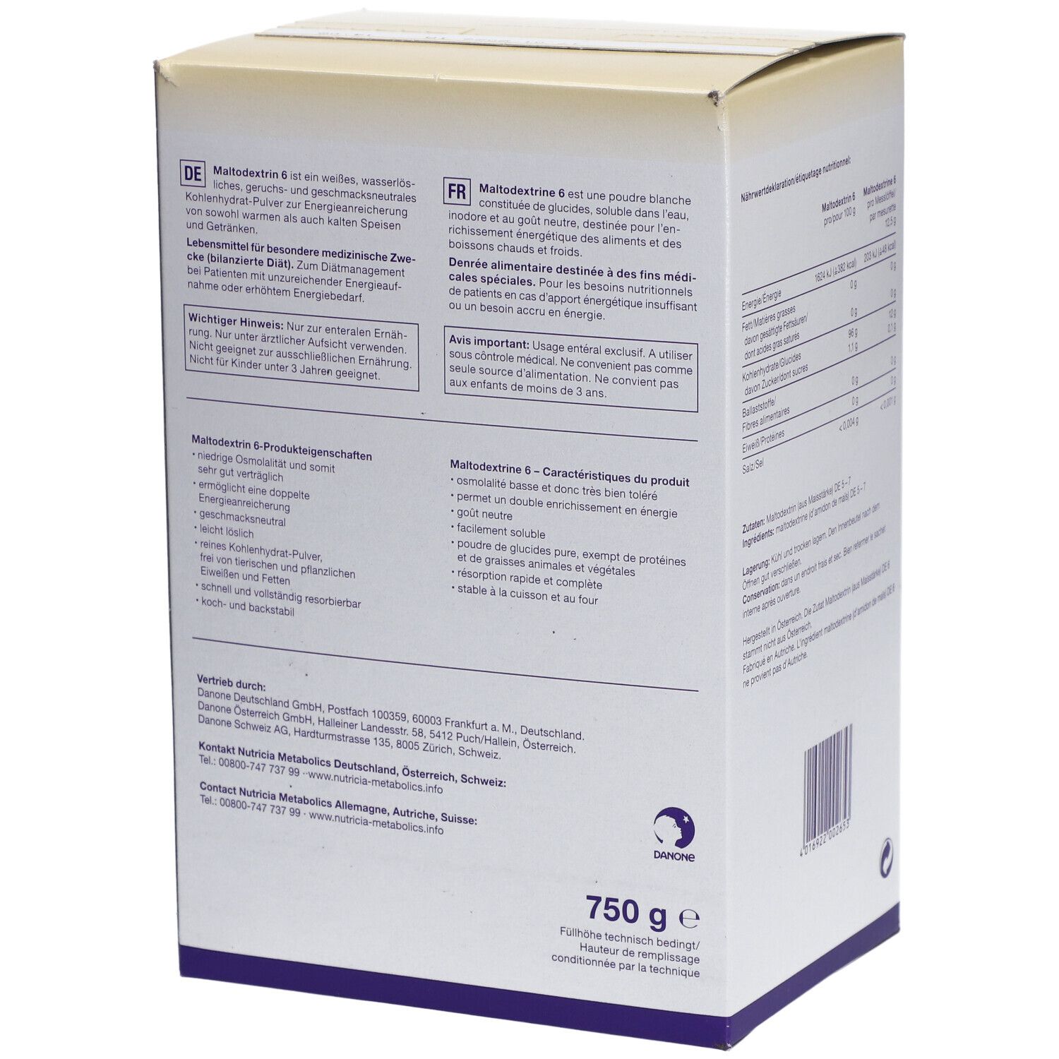 Dos de l'emballage de Maltodextrine 6. Contient des informations sur l'utilisation et les ingrédients. Emballage blanc et jaune.