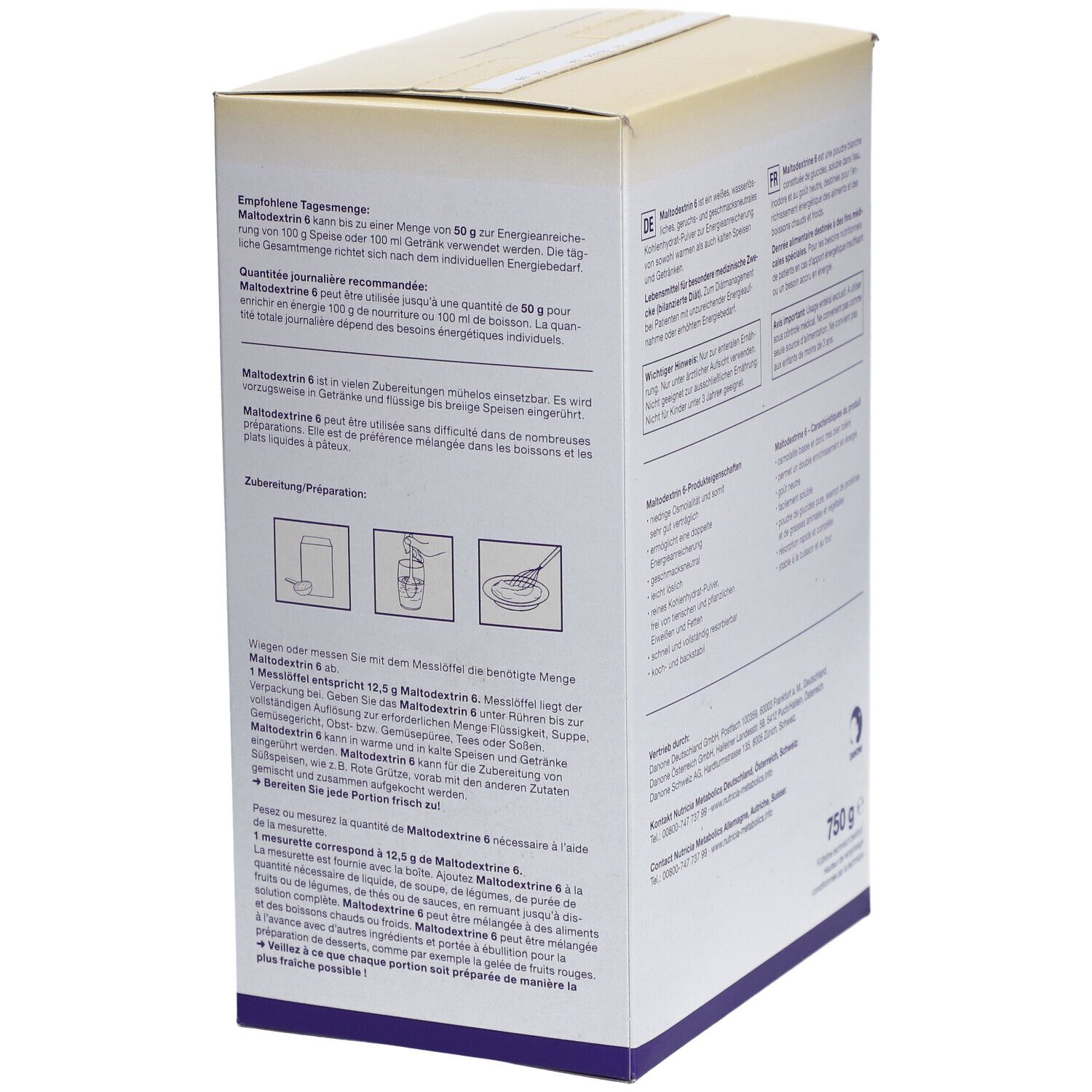 Dos de l'emballage de Maltodextrine 6. Contient des informations sur la préparation et le dosage. Emballage blanc et jaune.