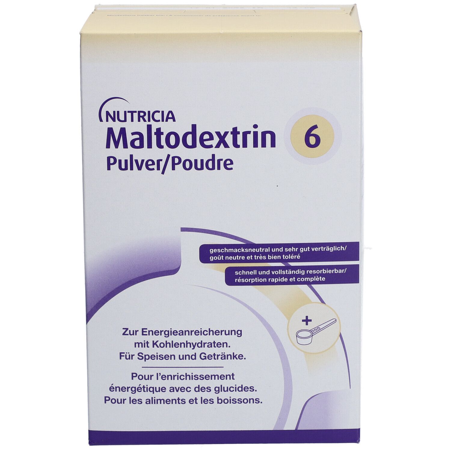 Face avant de l'emballage de Maltodextrine 6. Emballage blanc et jaune avec des accents violets. Nom du produit et logo visibles.