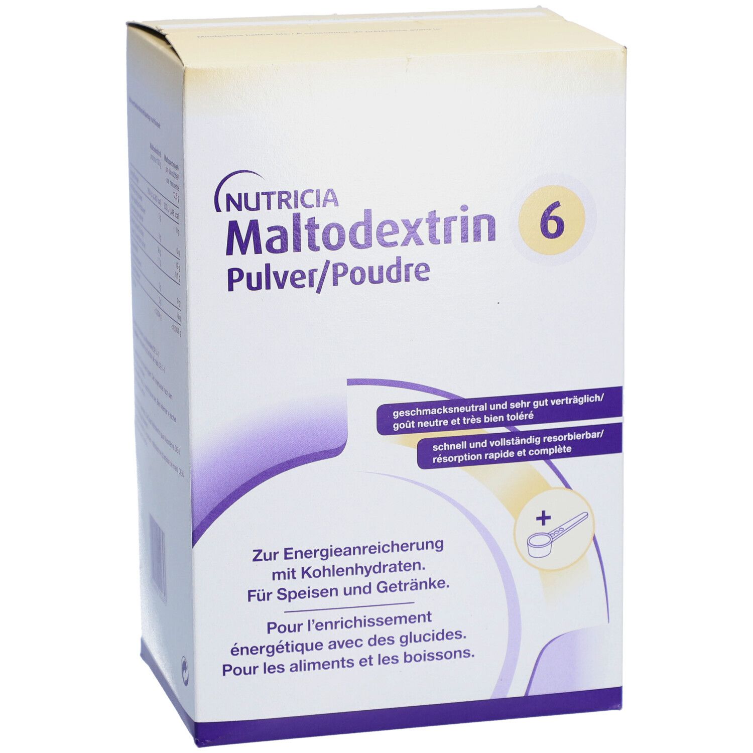 Face avant de l'emballage de Maltodextrine 6. Emballage blanc et jaune avec des accents violets. Nom du produit et logo visibles.
