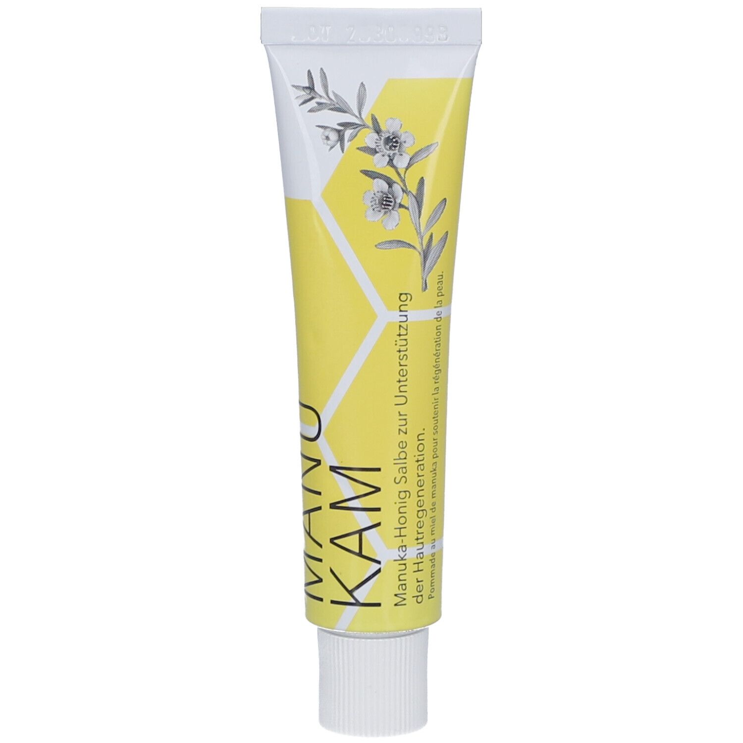Tube jaune avec bouchon blanc. Inscription: MANU KAM, Pommade au miel de manuka pour soutenir la régénération de la peau. Illustration.