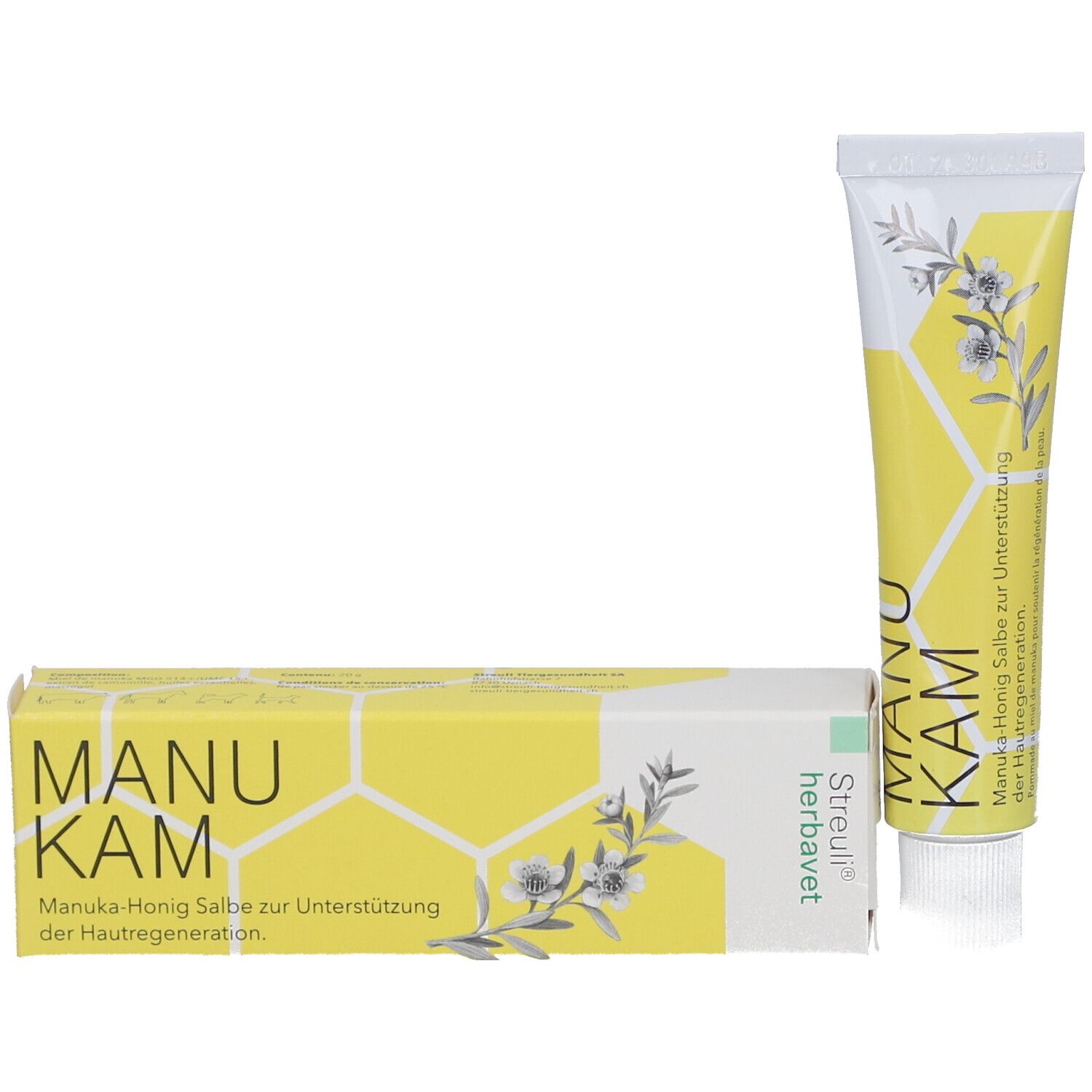 Emballage du produit: tube et boîte. Inscription: MANU KAM, Pommade au miel de manuka. Logo: Streuli herbavet.