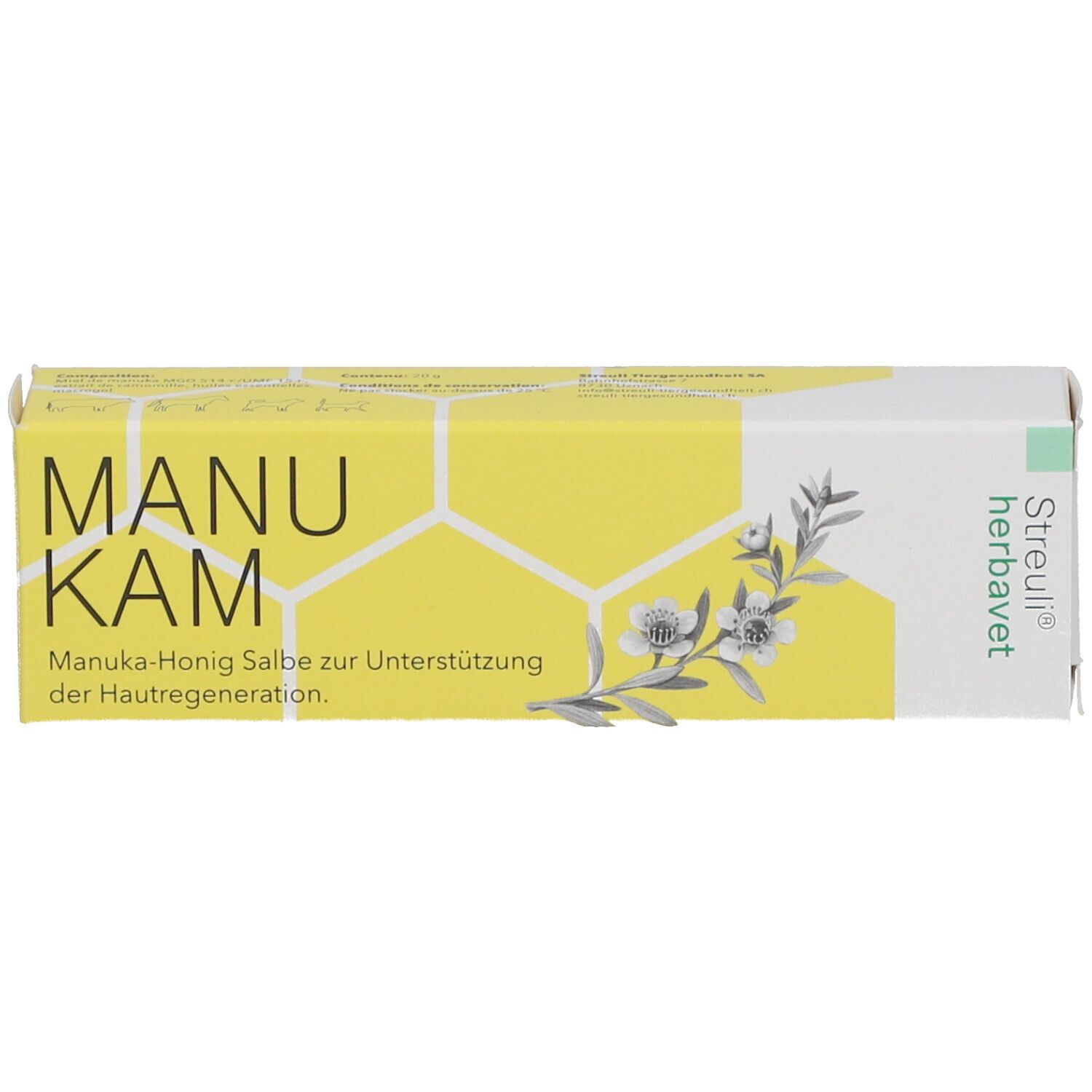 Boîte. Inscription: MANU KAM, Pommade au miel de manuka. Logo: Streuli herbavet.