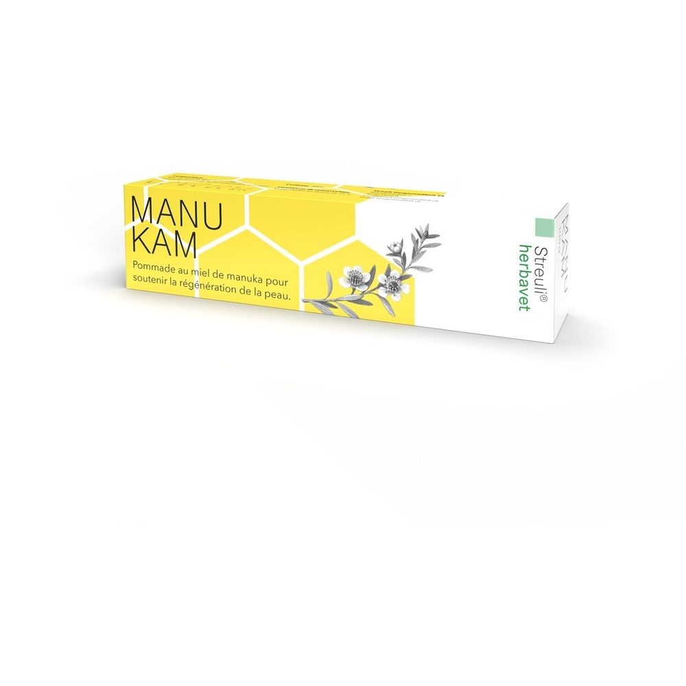 Boîte jaune avec logo MANU KAM et texte. Logo Streuli herbavet. Design en nid d'abeille et illustration de plante.