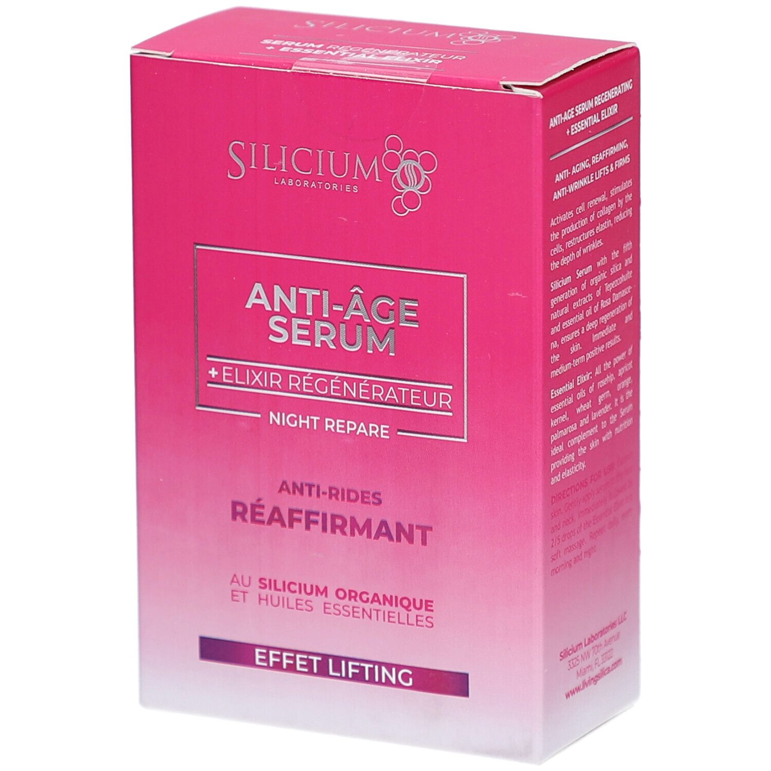 Emballage : Sérum Régénérateur Anti-Âge Silicium + Élixir Essentiel, Réparation Nuit.