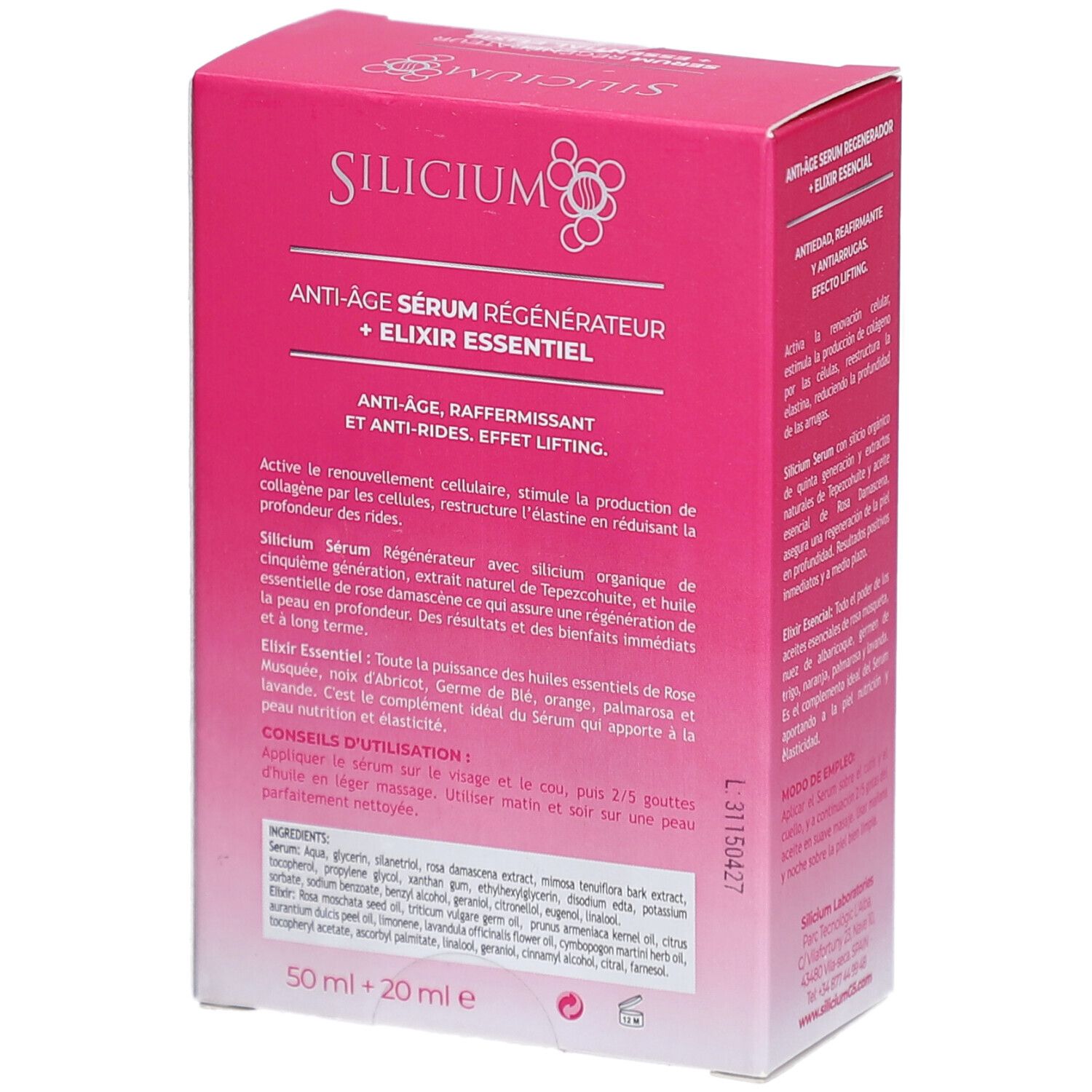 Emballage : Sérum Régénérateur Anti-Âge Silicium + Éixir Essentiel, Anti-rides, Raffermissant, Effet Lifting.
