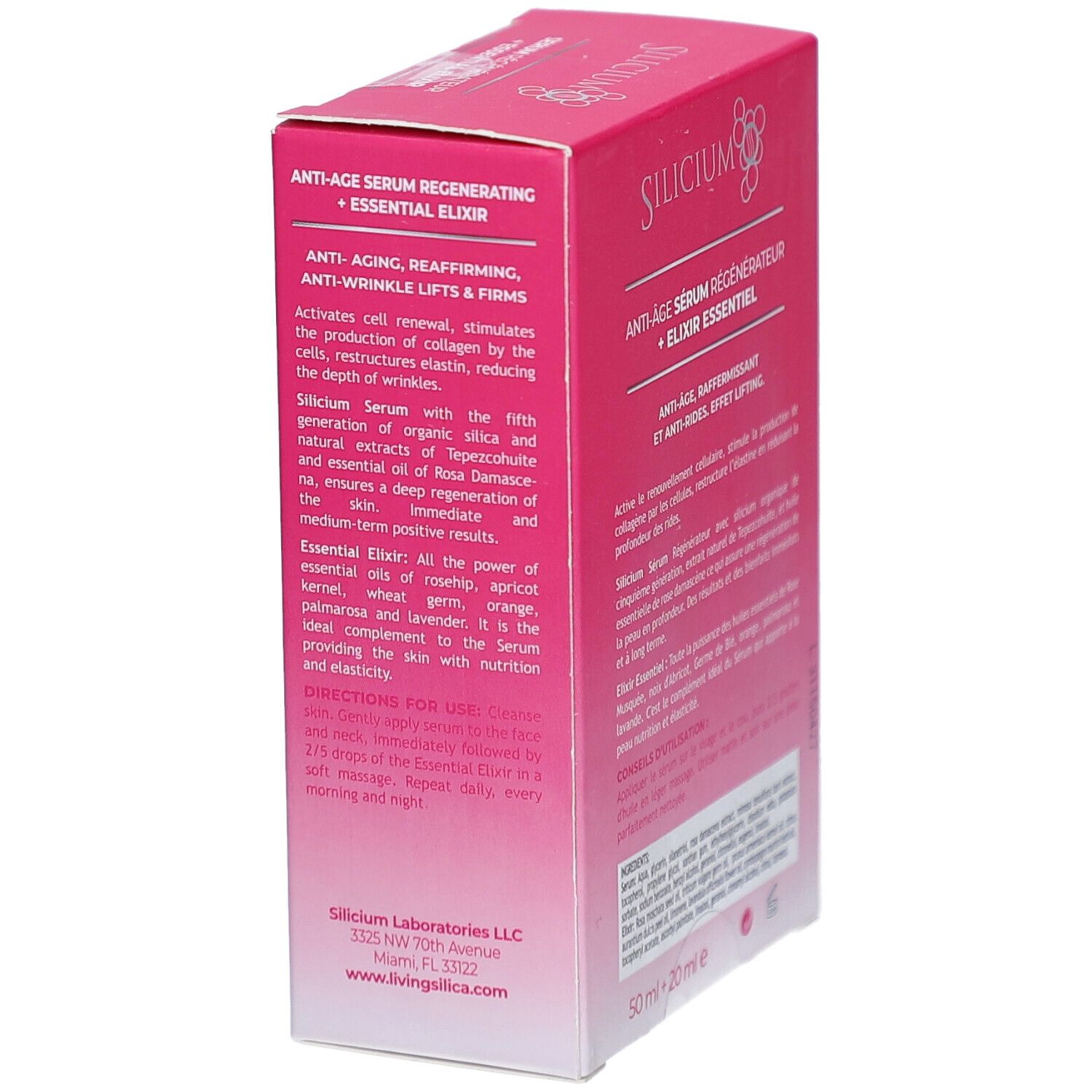 Emballage : Sérum Régénérateur Anti-Âge Silicium + Éixir Essentiel, Anti-rides, Raffermissant, Effet Lifting.