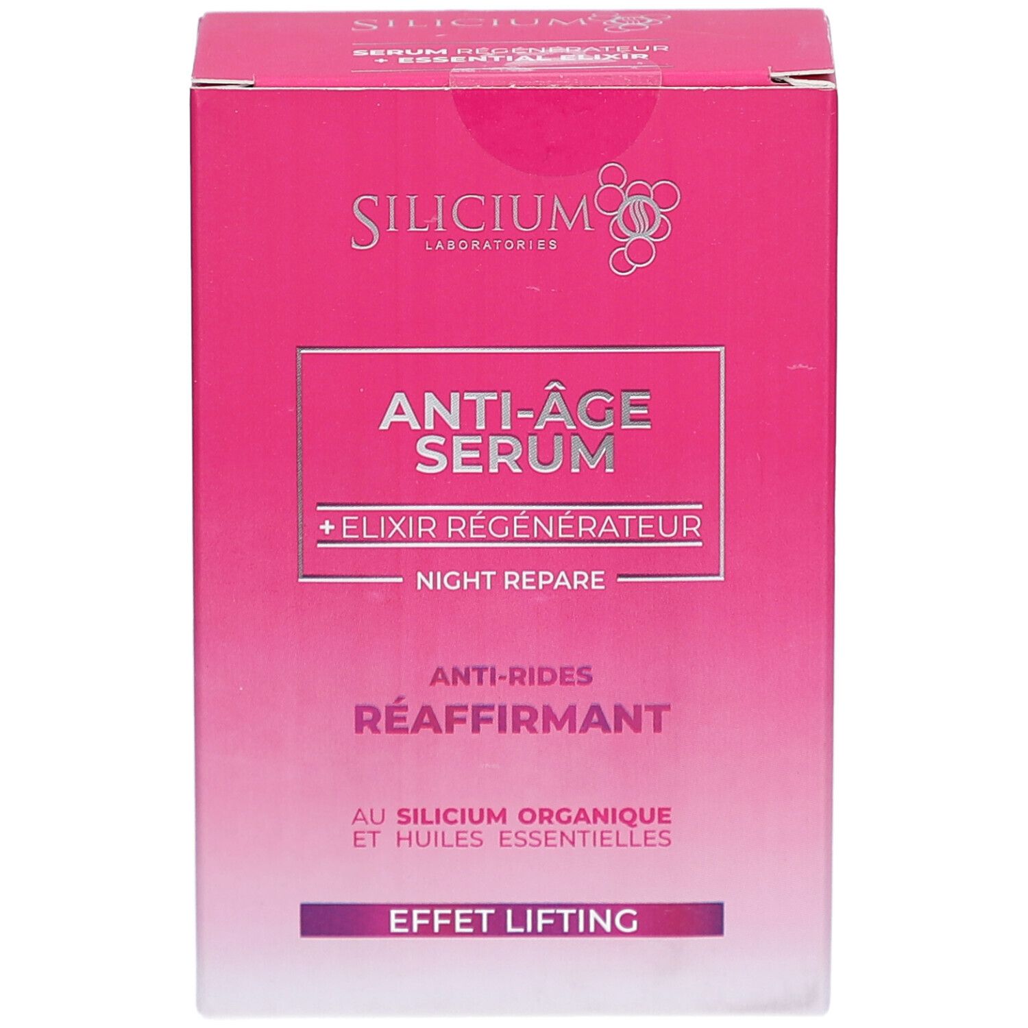 Emballage : Sérum Régénérateur Anti-Âge Silicium + Éixir Essentiel, Anti-rides, Raffermissant, Effet Lifting.