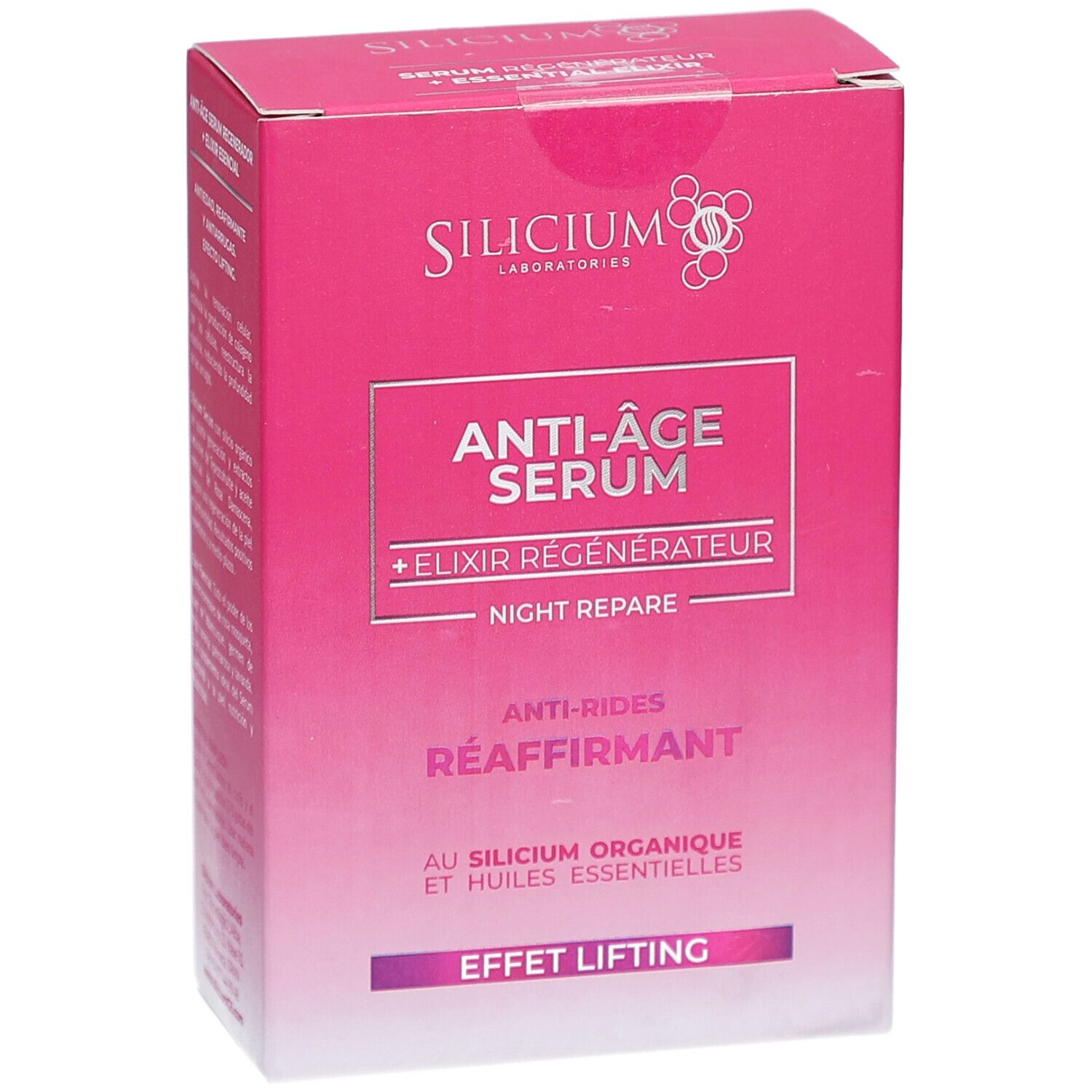 Emballage : Sérum Régénérateur Anti-Âge Silicium + Éixir Essentiel, Anti-rides, Raffermissant, Effet Lifting.