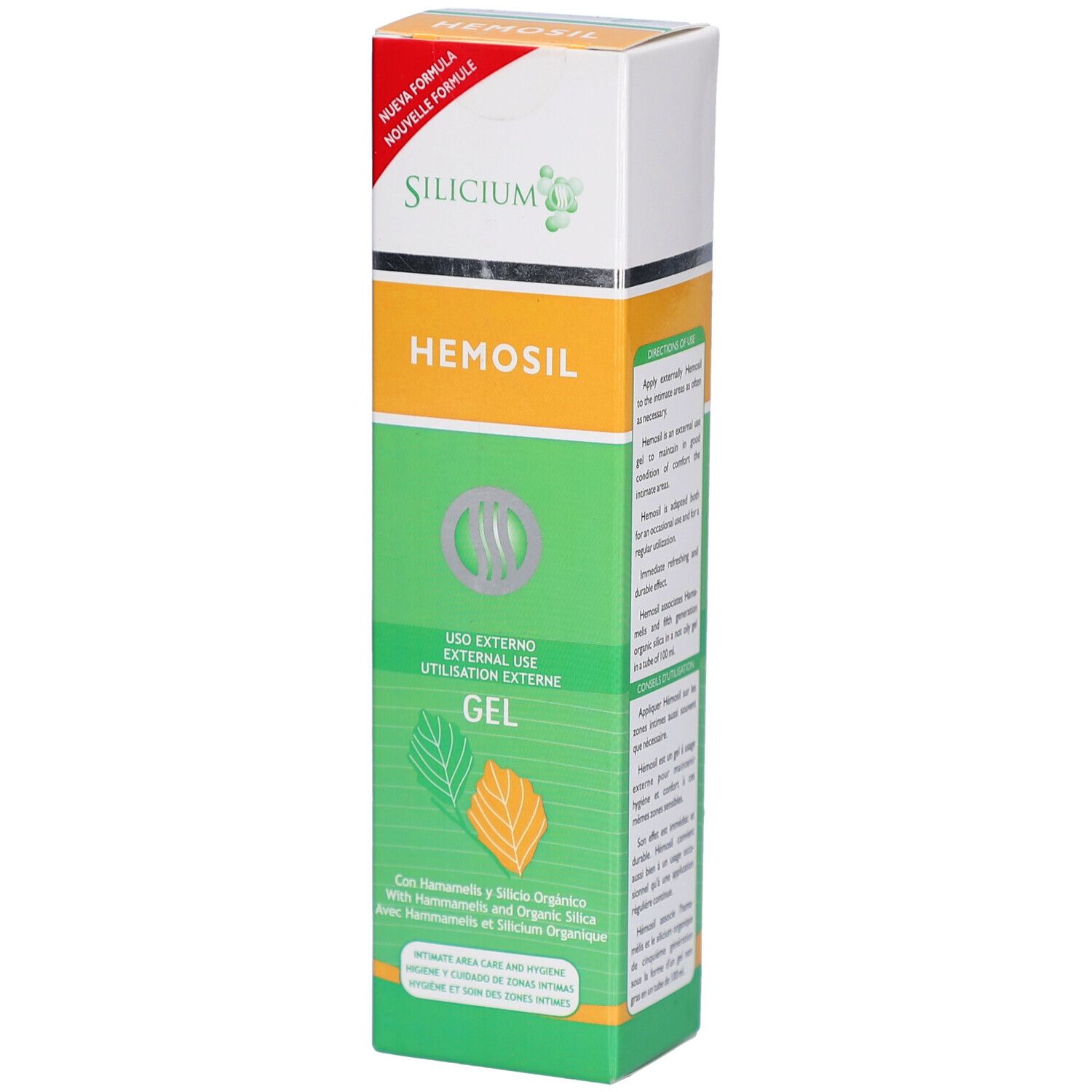 Tube de gel avec nom et informations. Design vert et blanc avec feuilles. Texte: Silicium Hémosil Gel Usage Externe.