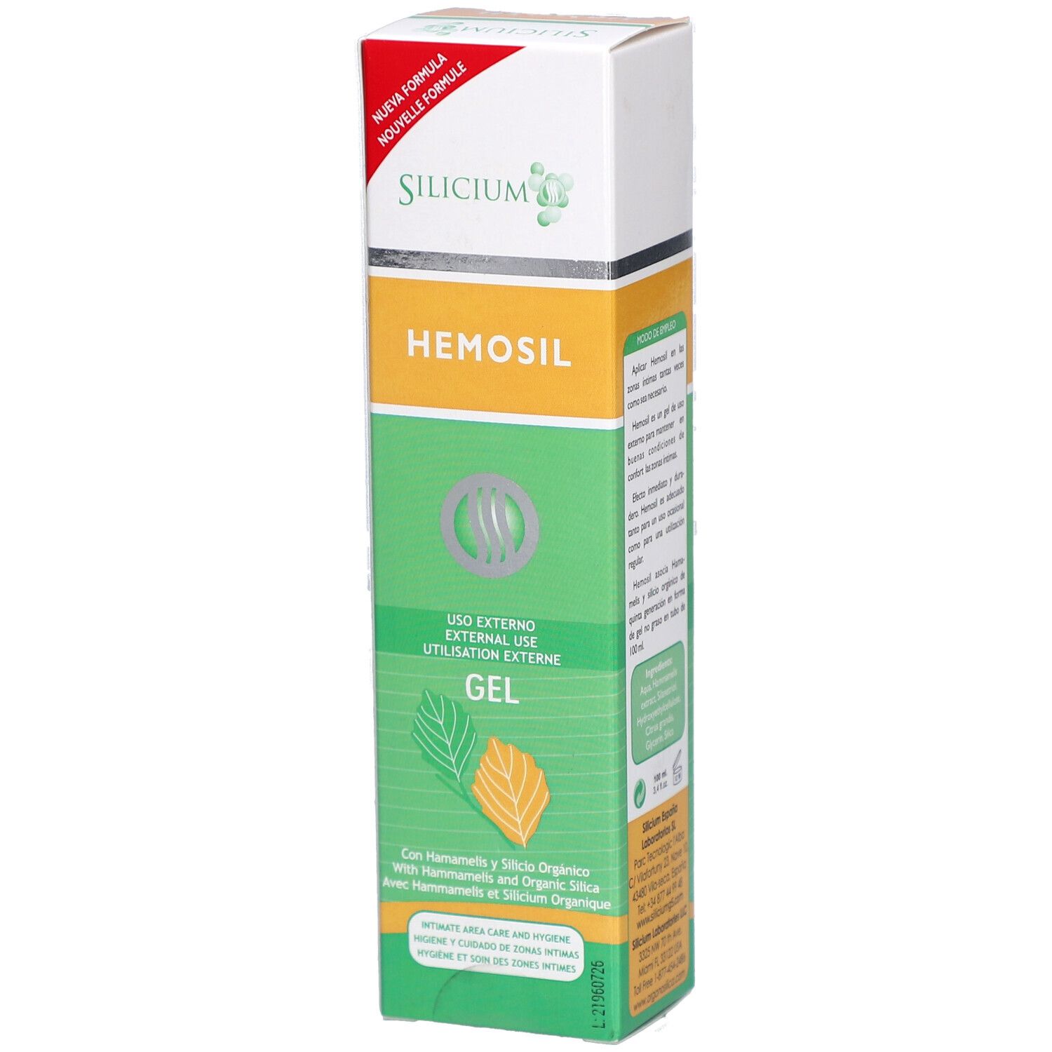 Tube de gel avec nom et informations. Design vert et blanc avec feuilles. Texte: Silicium Hémosil Gel Usage Externe.