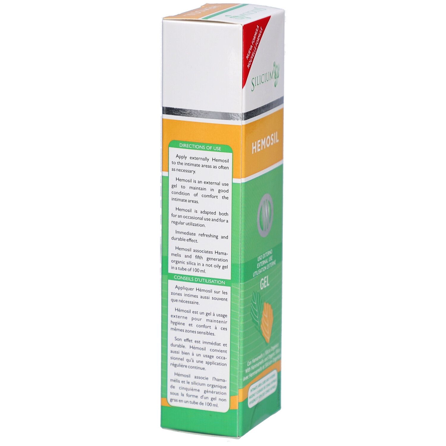 Côté du tube de gel avec instructions. Design vert et blanc. Texte: Silicium Hémosil Gel. Conseils d'utilisation.