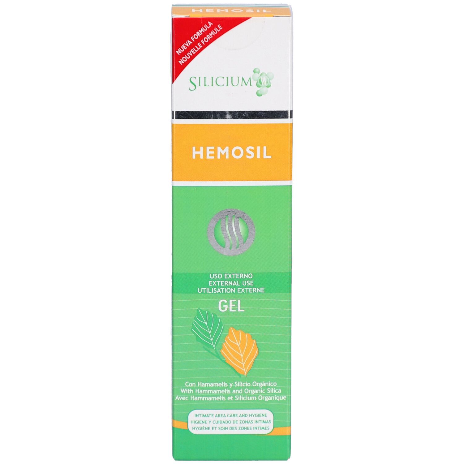 Tube de gel avec nom et informations. Design vert et blanc avec feuilles. Texte: Silicium Hémosil Gel Usage Externe.