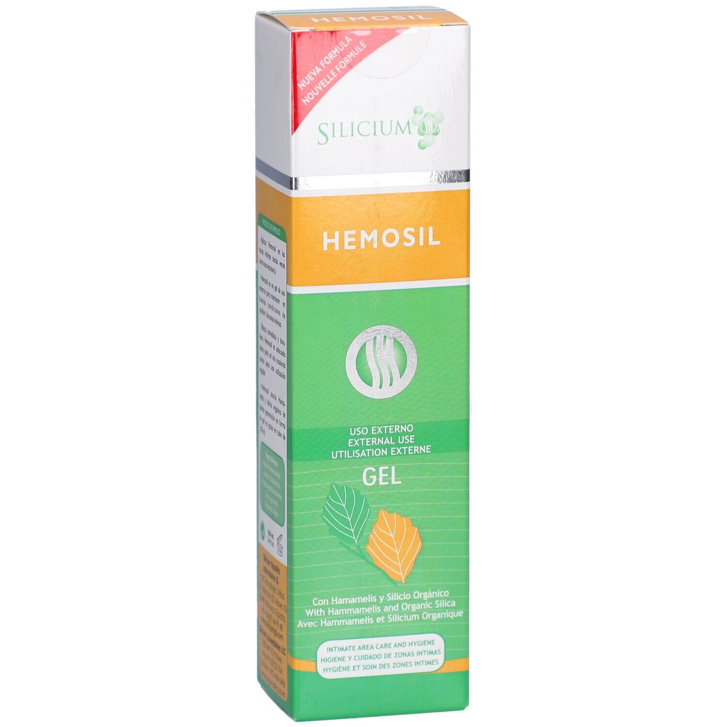 Tube de gel avec nom et informations. Design vert et blanc avec feuilles. Texte: Silicium Hémosil Gel Usage Externe.