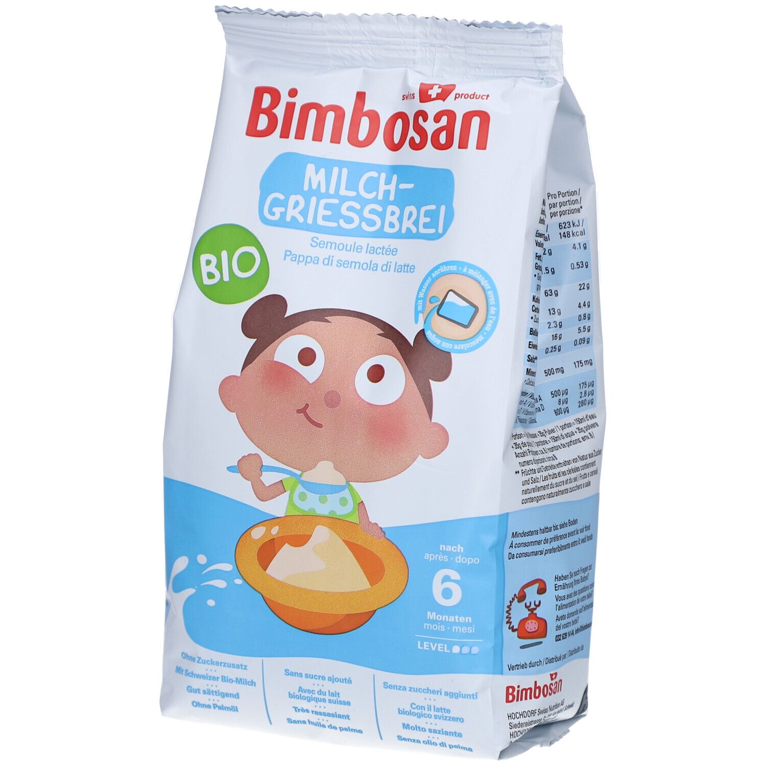 Bimbosan Milch Griessbrei Bio emballage avec illustration d'un bébé mangeant de la bouillie. Contient des informations nutritionnelles.