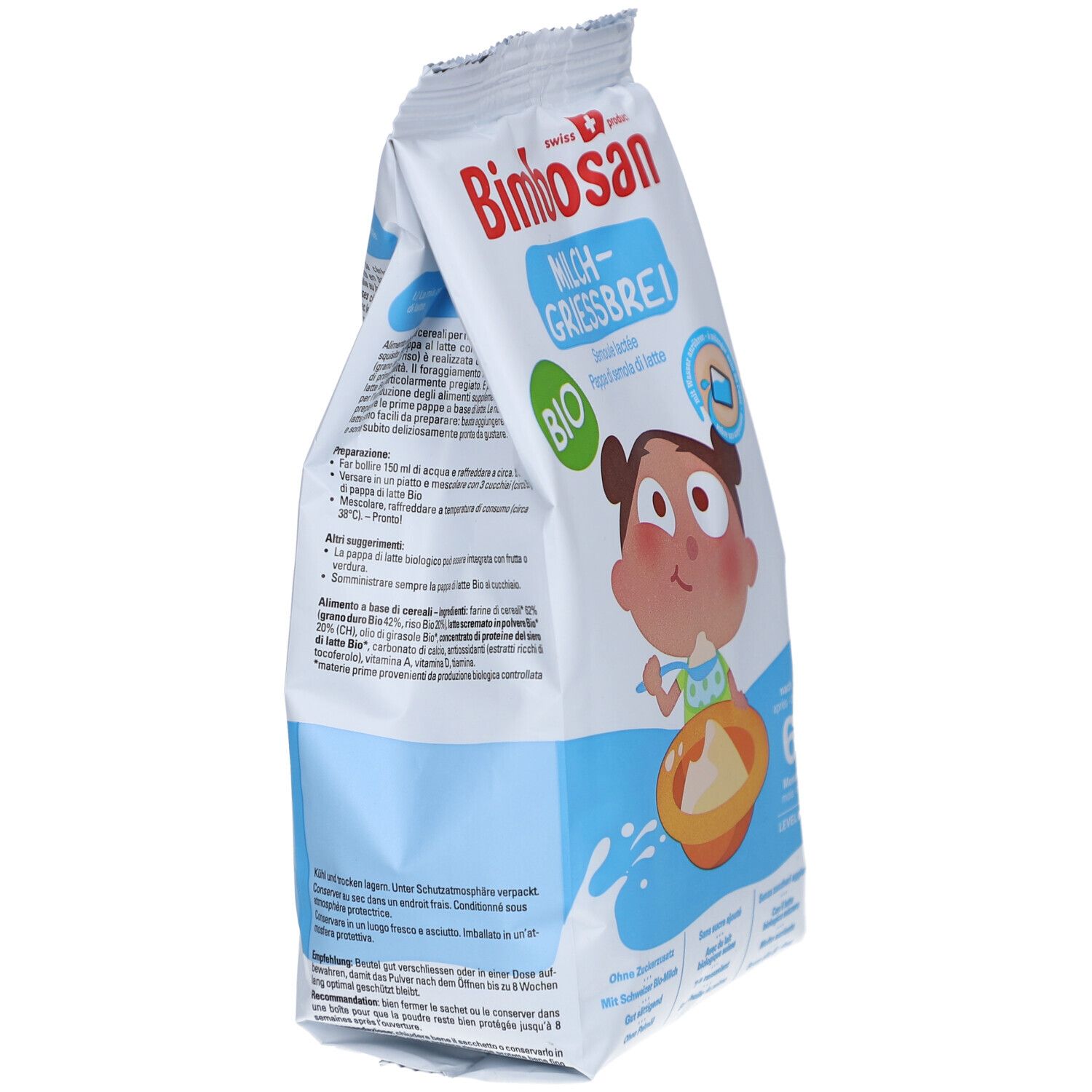 Bim0san Griesbrei au lait Bio, emballage avec illustration d'un bébé.