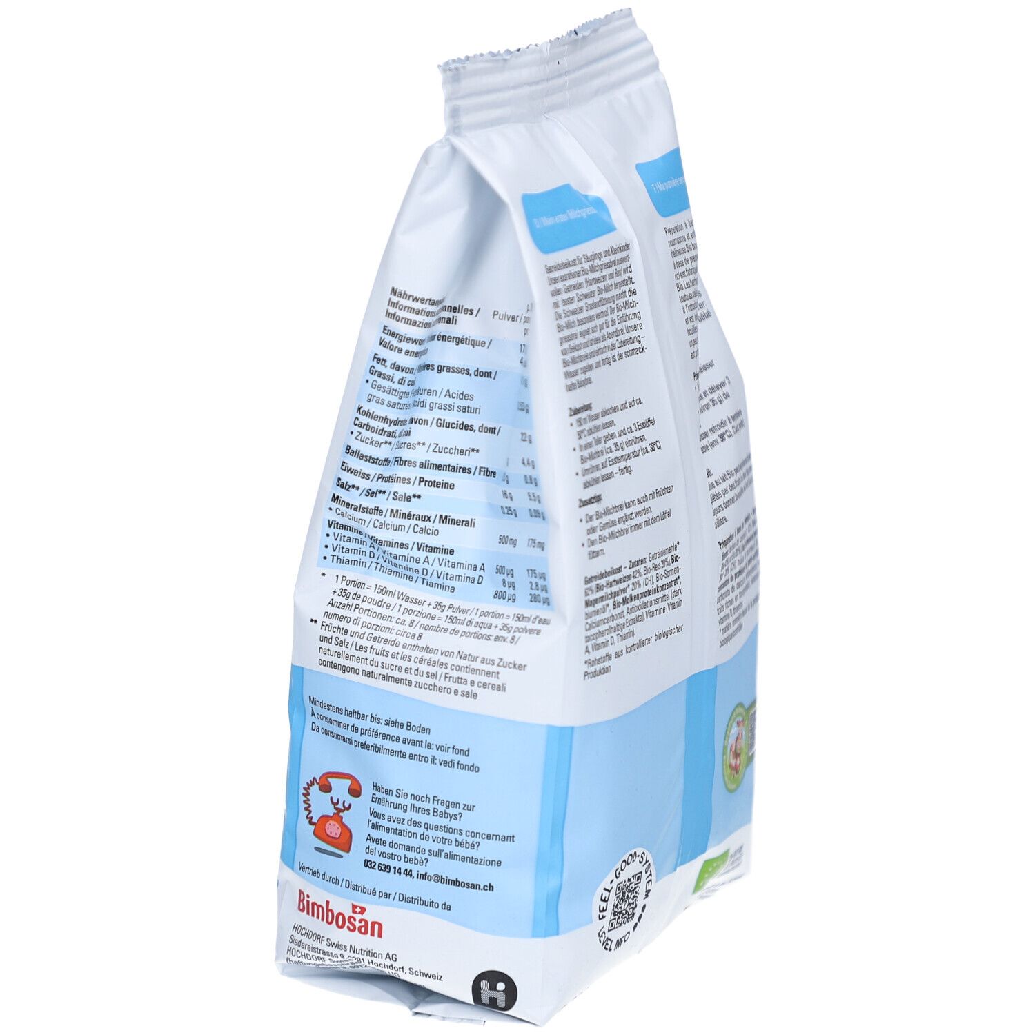 Sachet de lait en poudre Bimbosan avec tableau nutritionnel et label bio.
