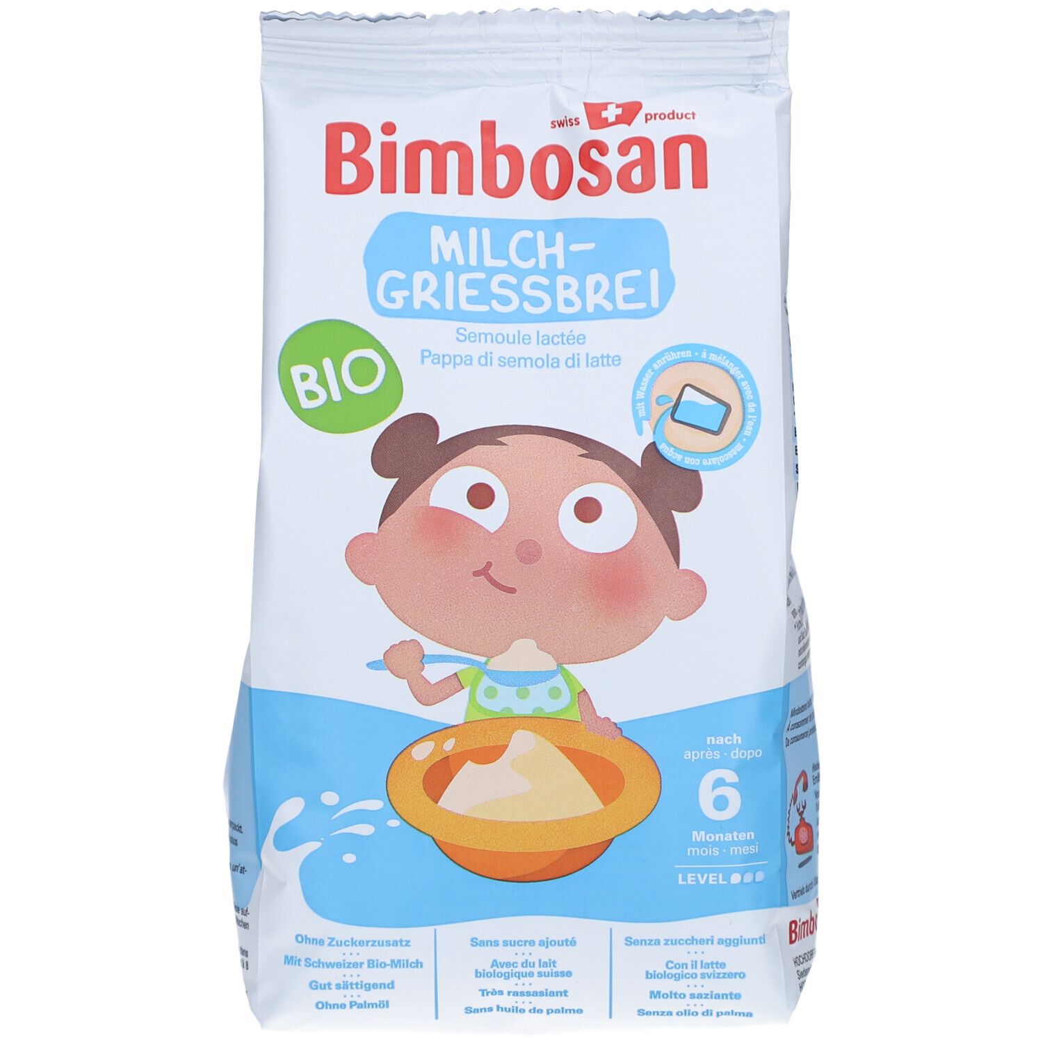 Bimbosan Milch Griessbrei Bio. Emballage avec un bébé souriant mangeant de la bouillie. Sceau "Bio" et inscription "Milch Griessbrei".