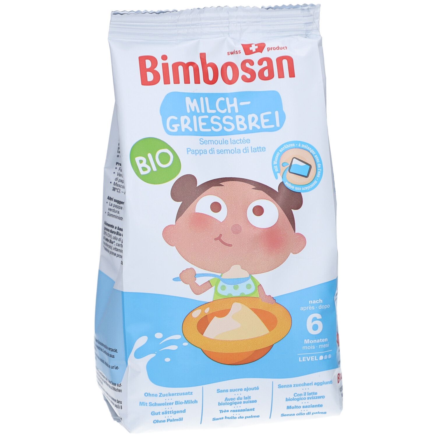 BimBosan Semoule lactée BIO emballage avec illustration de bébé et recommandation d'âge 6 mois.