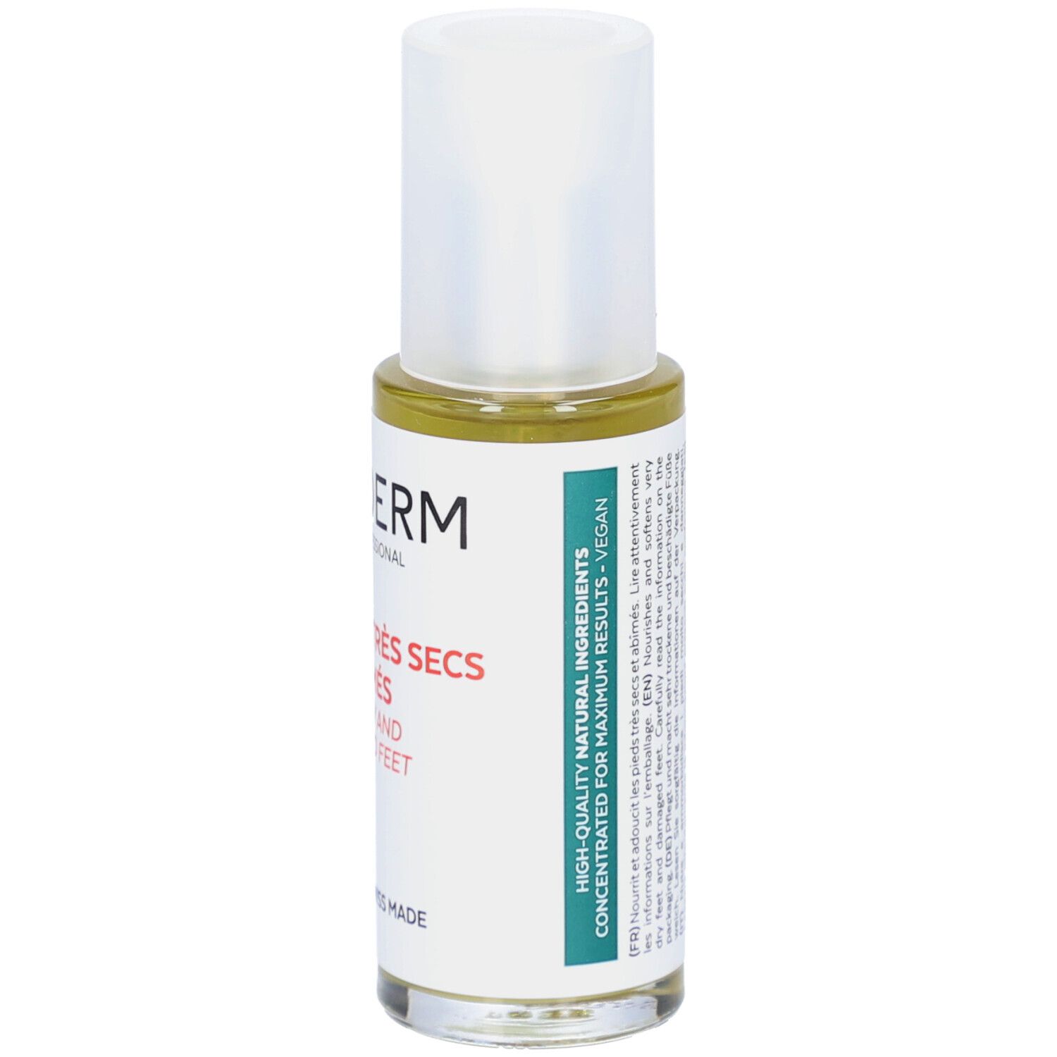 Flacon de sérum avec bouchon blanc. Inscription : PODERM, PIEDS TRÈS SECS ET ABÎMÉS, VERY DRY AND DAMAGED FEET, SERUM. Vegan. High-Quality Natural Ingredients.