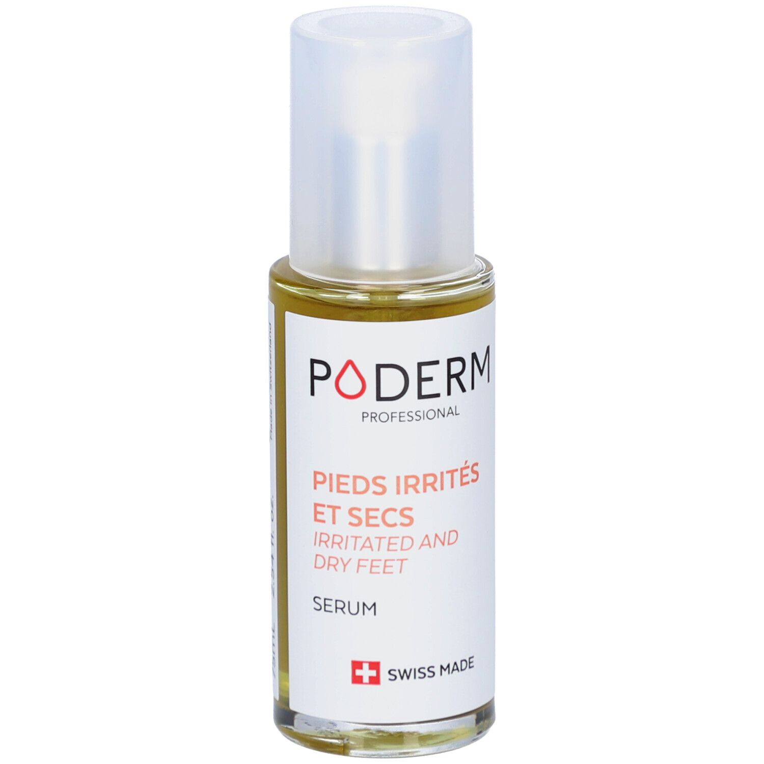 Flacon de sérum avec bouchon blanc. Inscriptions: PODERM, PIEDS IRRITÉS ET SECS, IRRITATED AND DRY FEET, SERUM, Swiss Made.