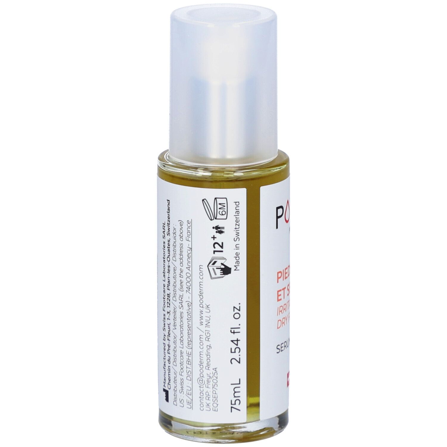 Flacon de sérum avec bouchon blanc. Inscriptions: PODERM, PIEDS IRRITÉS ET SECS, SERUM, Swiss Made. 75ml, 2.54 fl. oz.