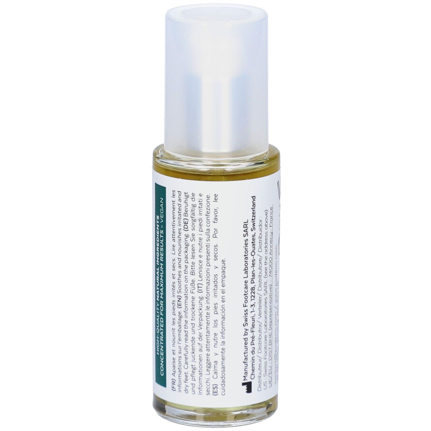 Flacon de sérum avec bouchon blanc. Inscriptions: PODERM, PIEDS IRRITÉS ET SECS, SERUM. Texte sur le côté.