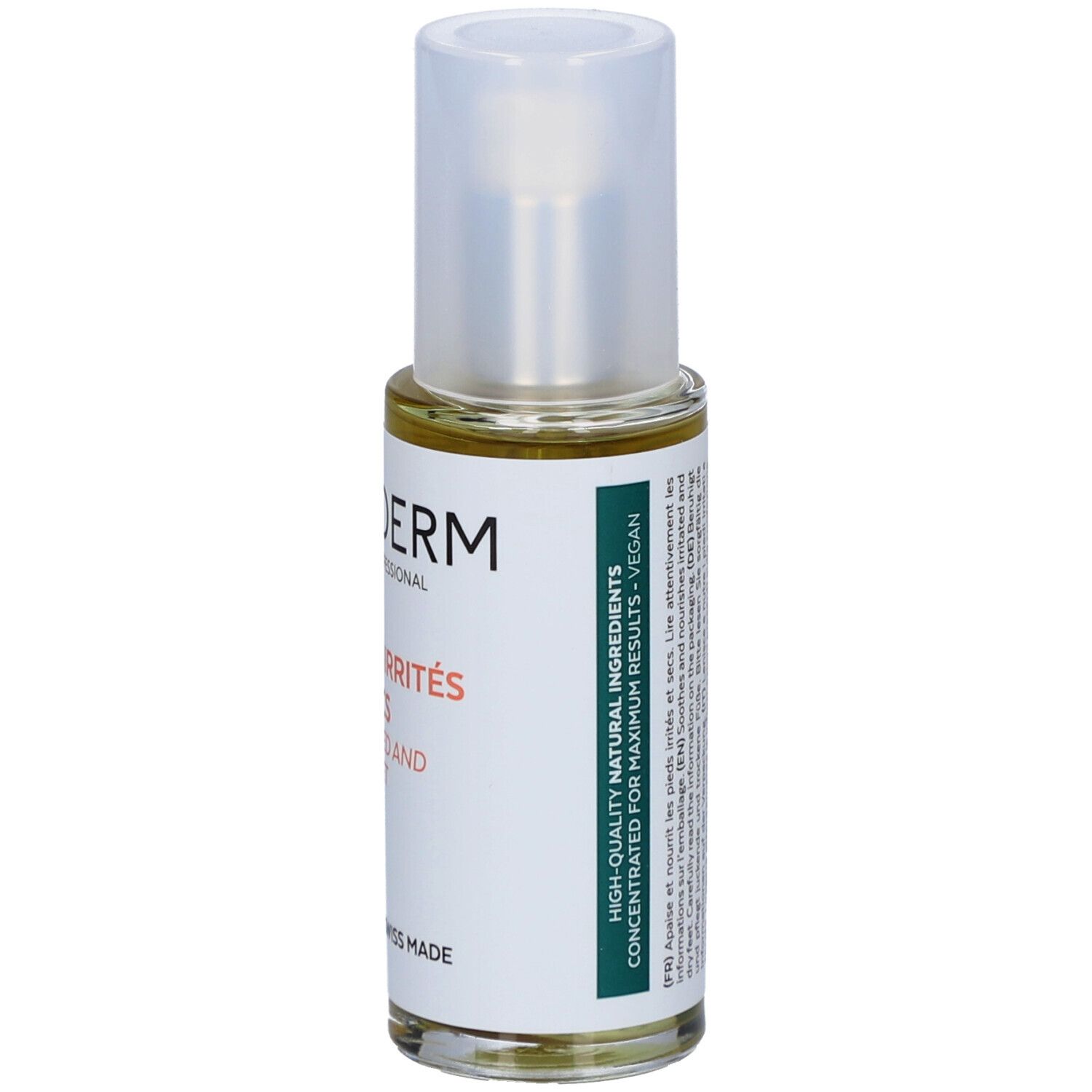 Flacon de sérum avec bouchon blanc. Inscriptions: PODERM, PIEDS IRRITÉS ET SECS, SERUM. Texte sur le côté.