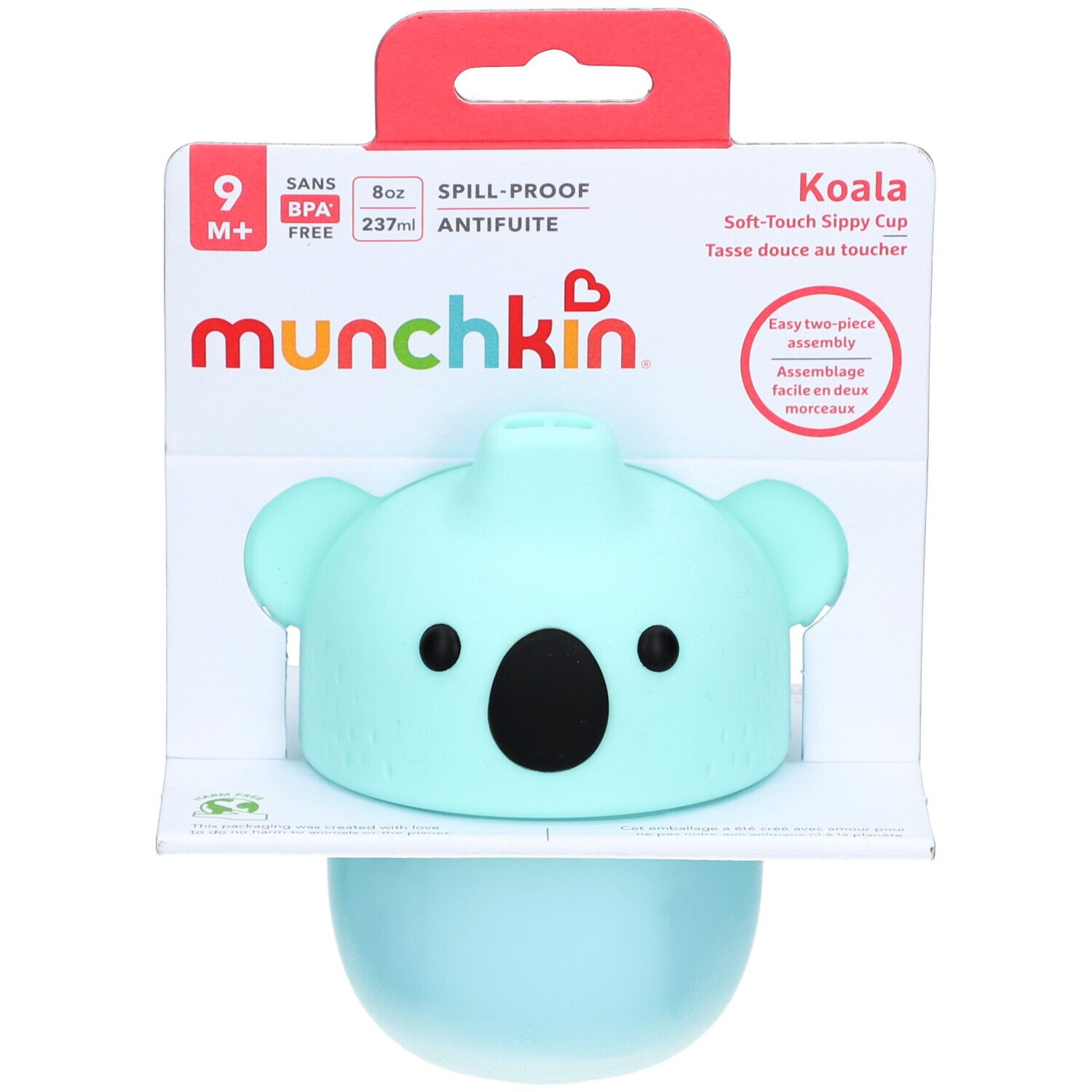 Tasse à bec bleu clair avec visage de koala, 237ml, sans BPA, anti-fuite.