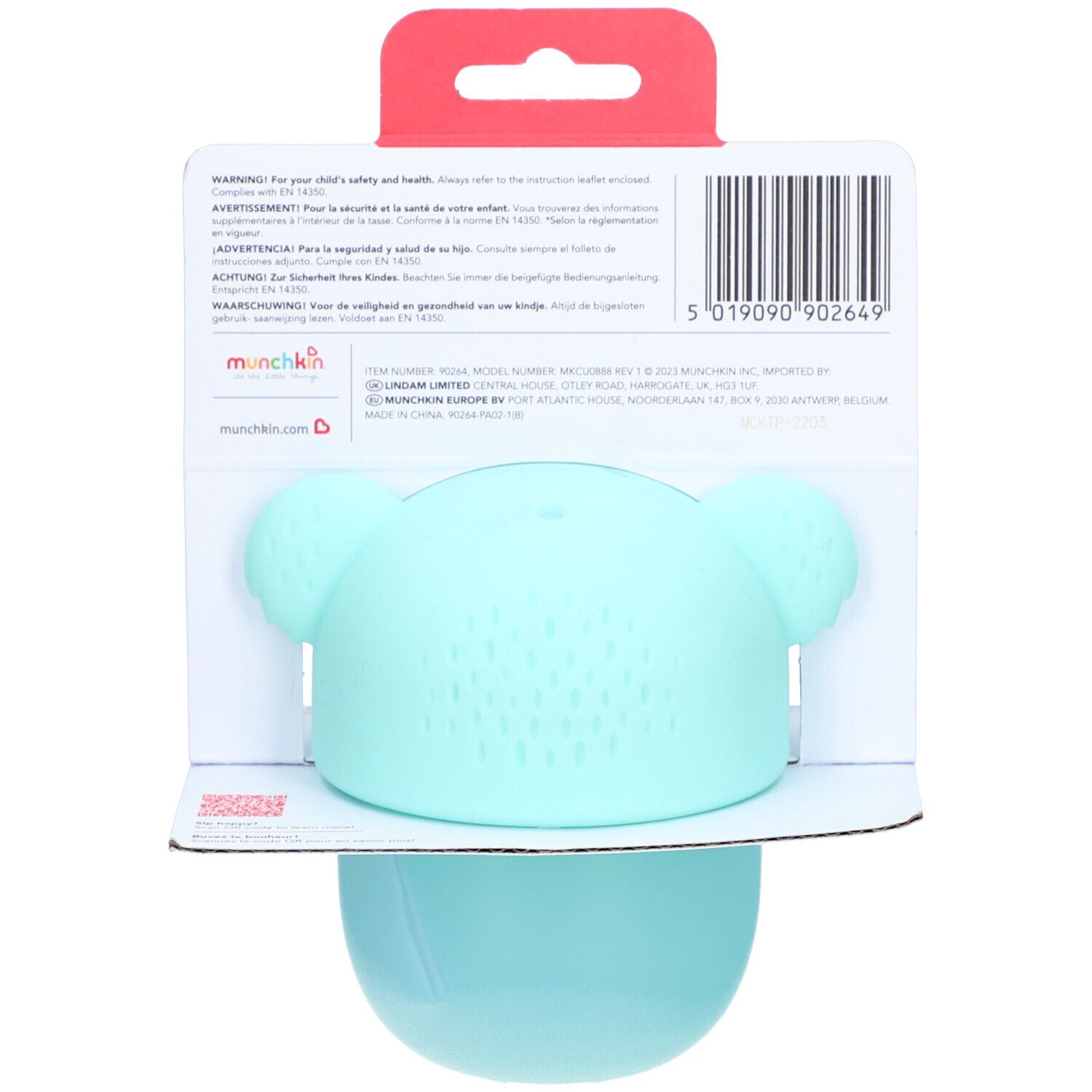 Distributeur de nourriture pour bébé bleu clair avec oreilles d'ours, dans son emballage.