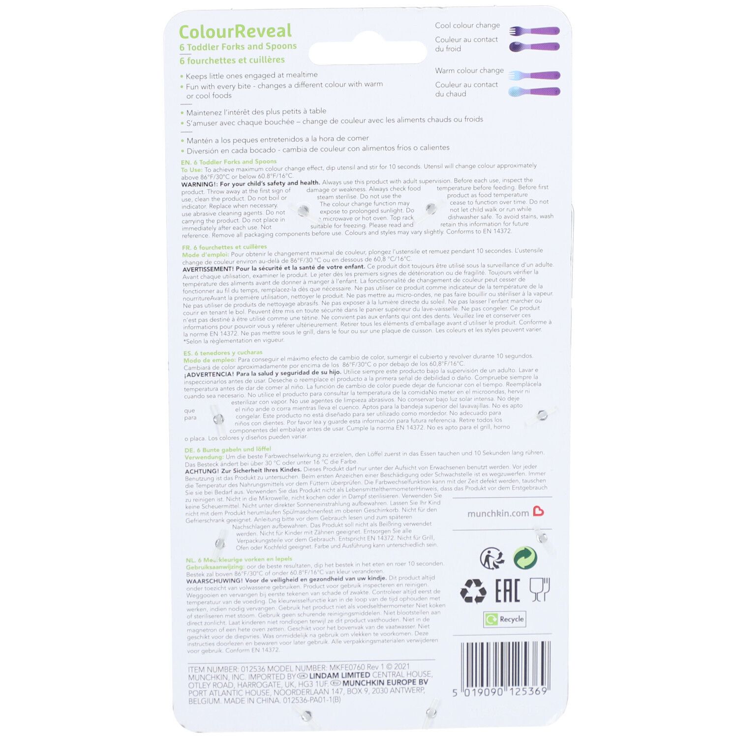 Emballage pour 8 fourchettes et cuillères pour tout-petits avec changement de couleur.
