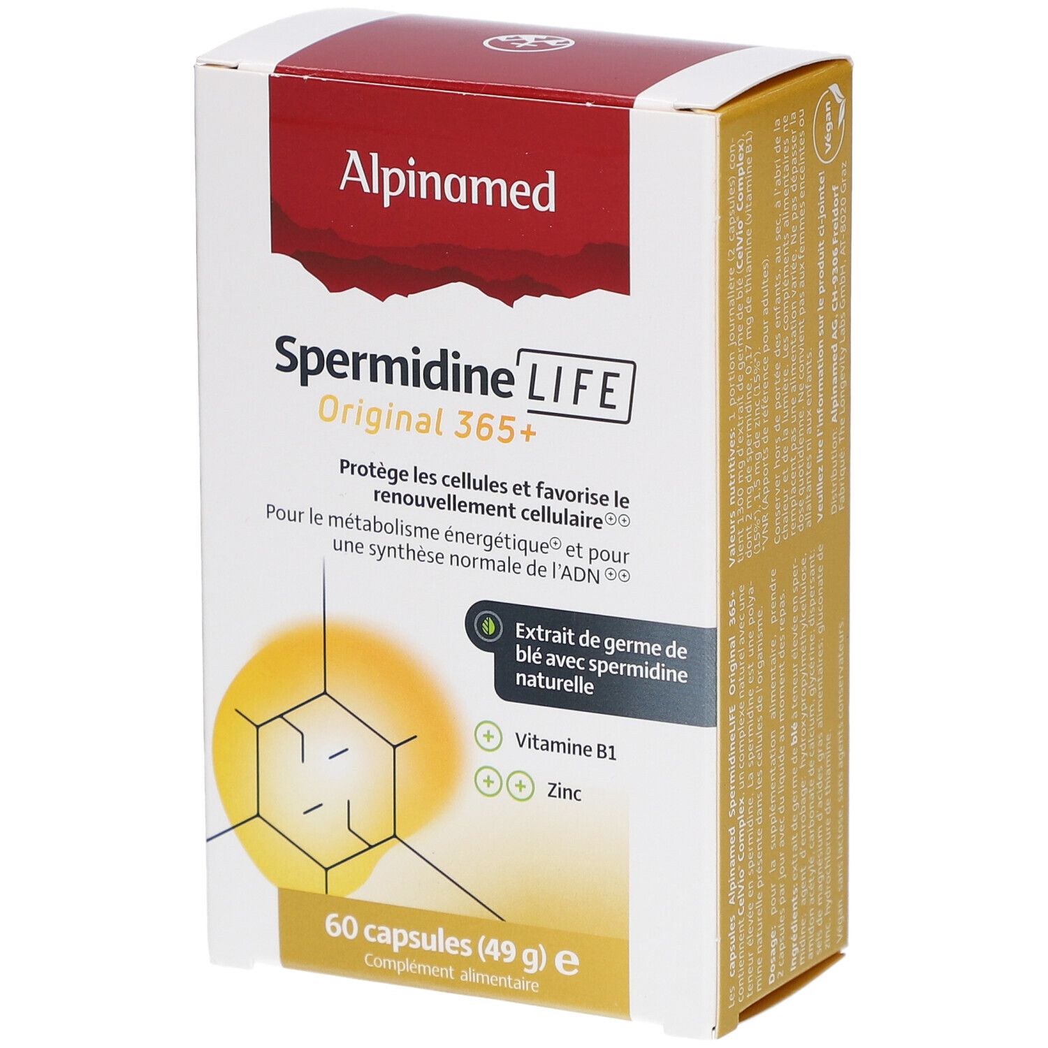 Boîte Alpinamed SpermidineLIFE Original 365+ avec texte français. Contient 60 gélules. Label végan.