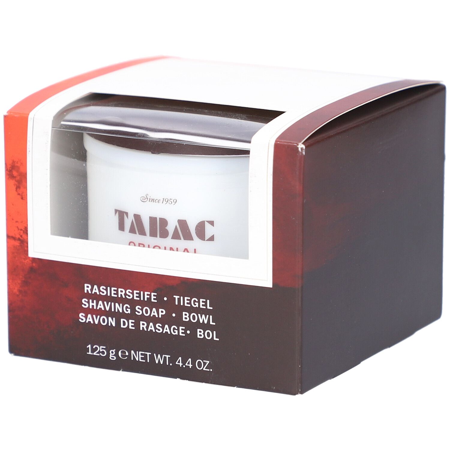 Emballage de savon à raser. Visible : pot avec logo "TABAC ORIGINAL". Texte : "SAVON DE RASAGE", "125 g".